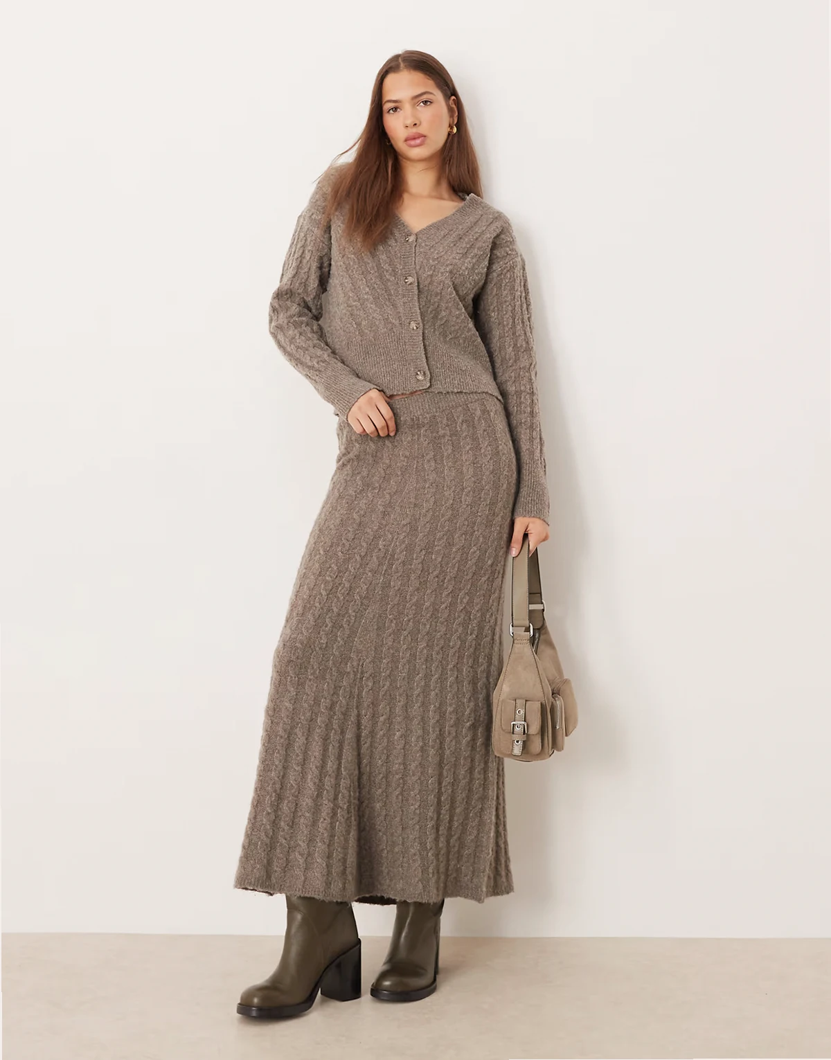 cable knit maxi skirt in light brown melange - part of a set