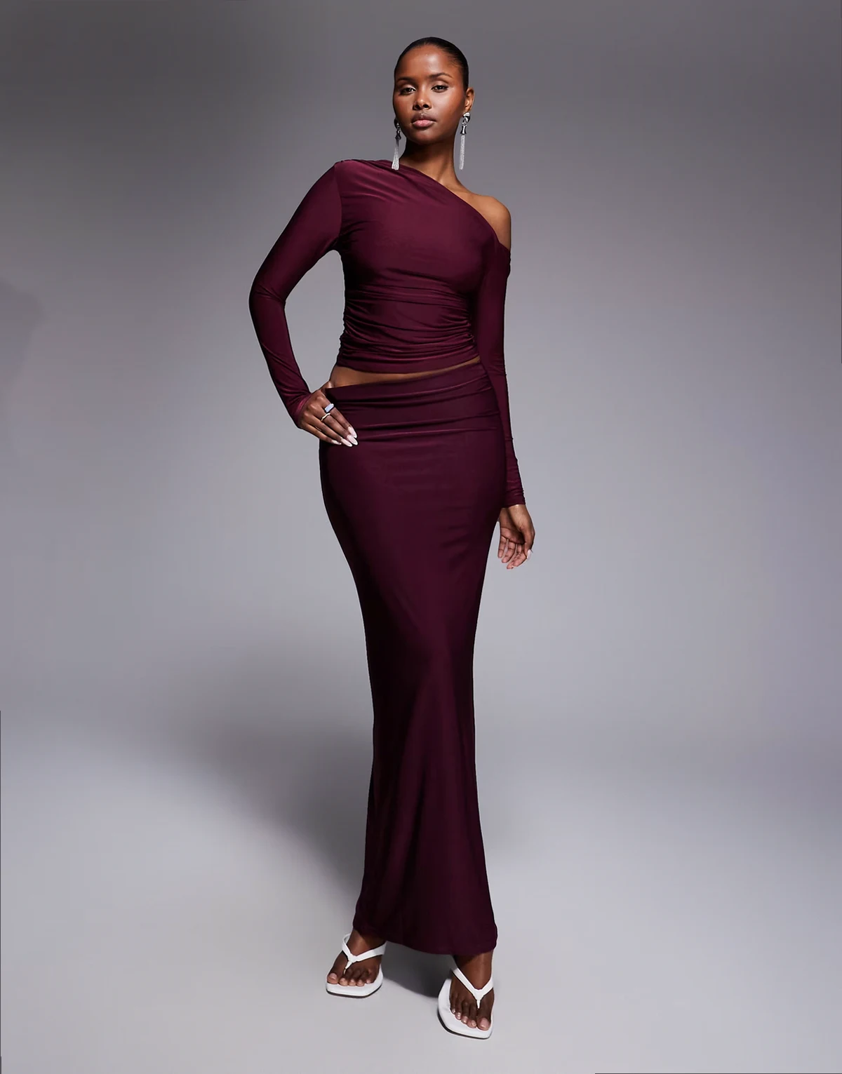 exclusive double layered slinky column maxi skirt in dark cherry - part of a set