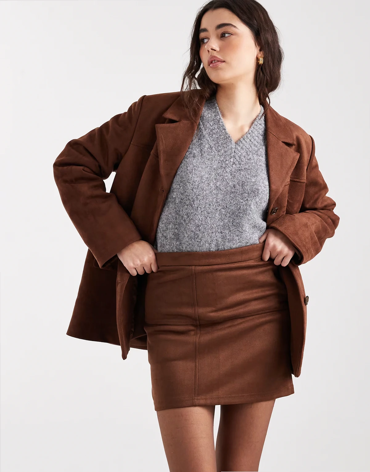 faux suede mini skirt in mid brown - part of a set