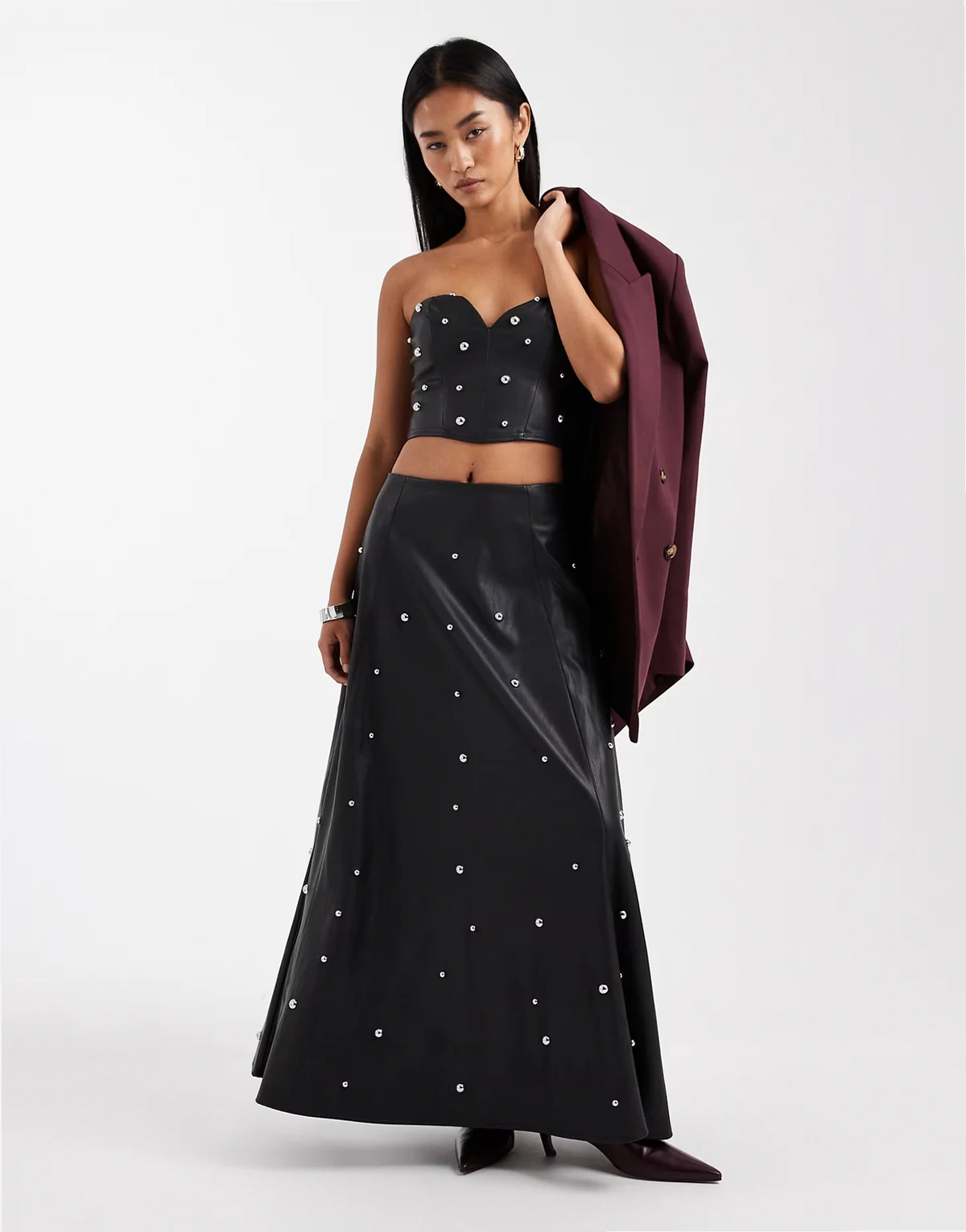 faux leather studded maxi skirt in black
