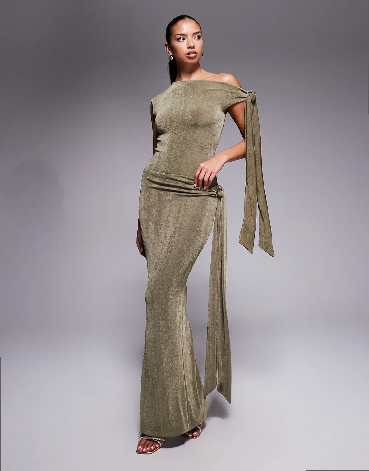 Noa premium textured slinky drape tie side maxi skirt in khaki green - part of a set