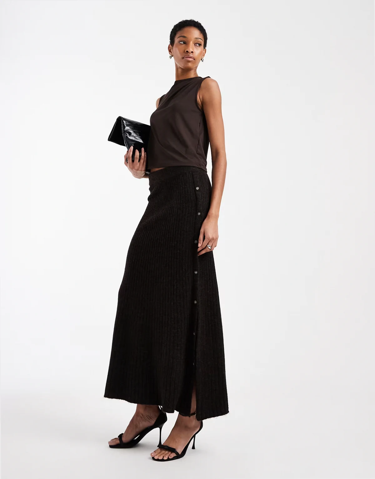 rib knit button side midi skirt in heathered chocolate