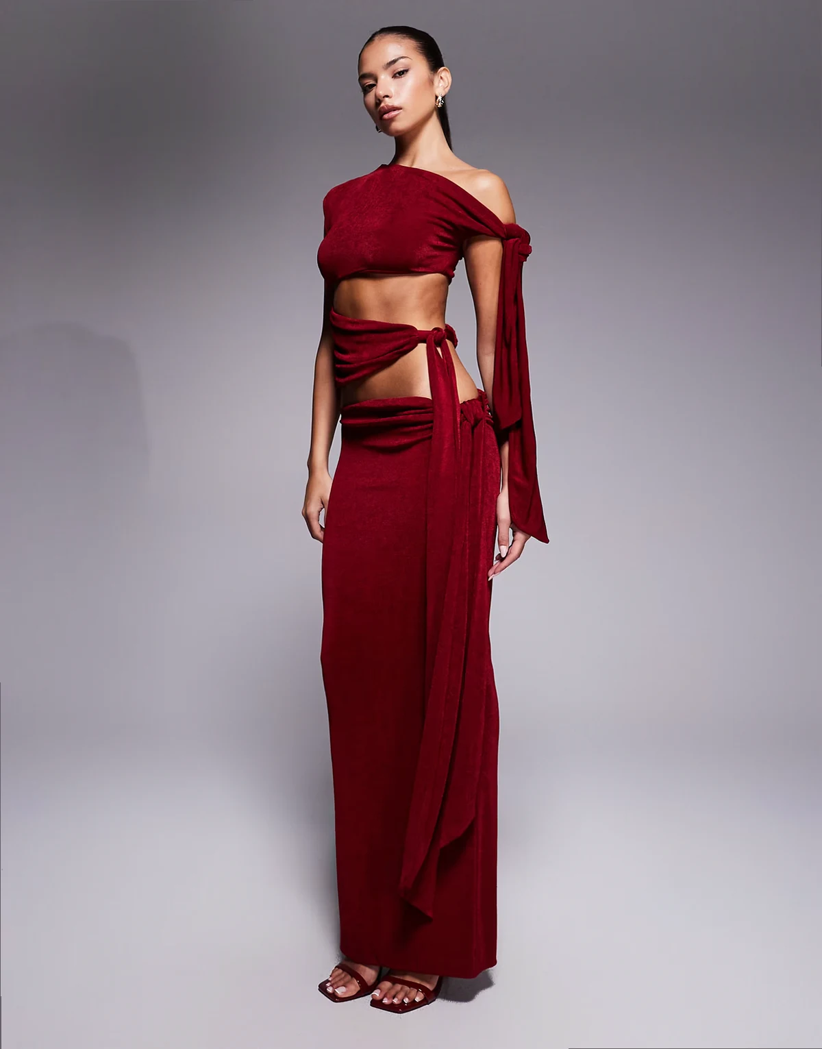 Noa premium slinky draped side maxi skirt in wine - part of a set