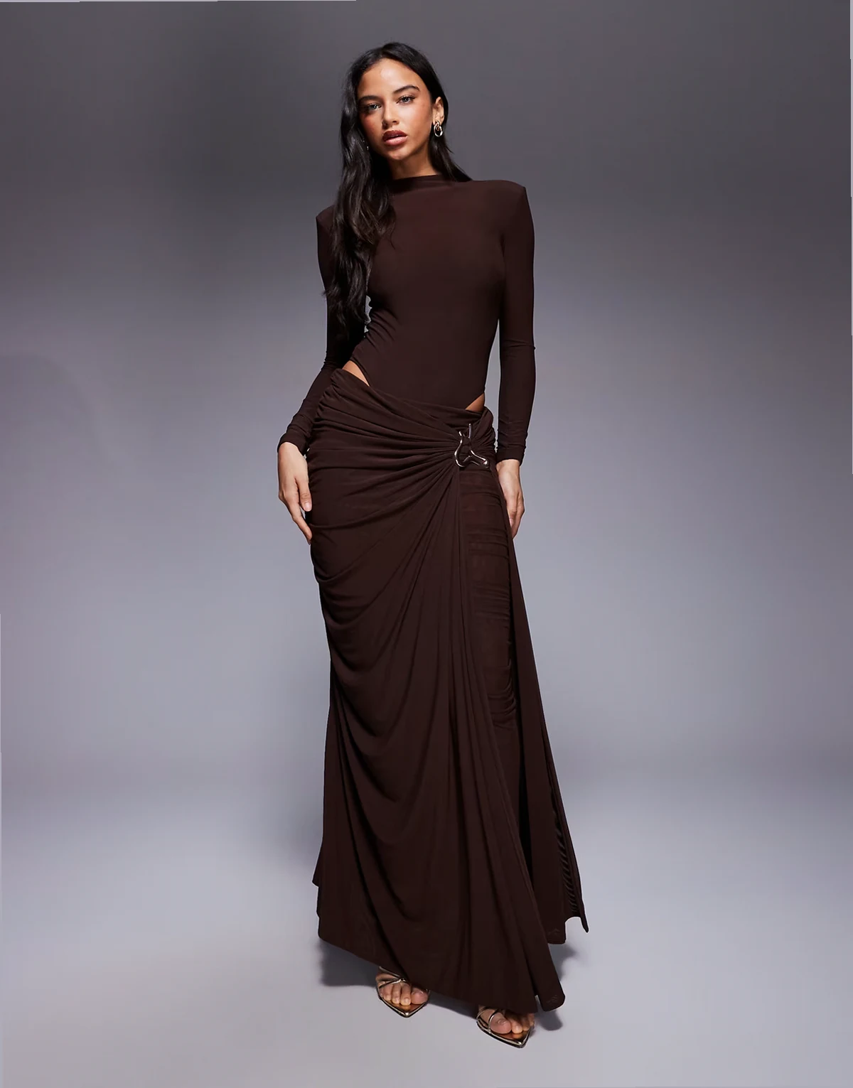 triple layered mesh metal hardware gathered waist detail maxi skirt in espresso - part of a set