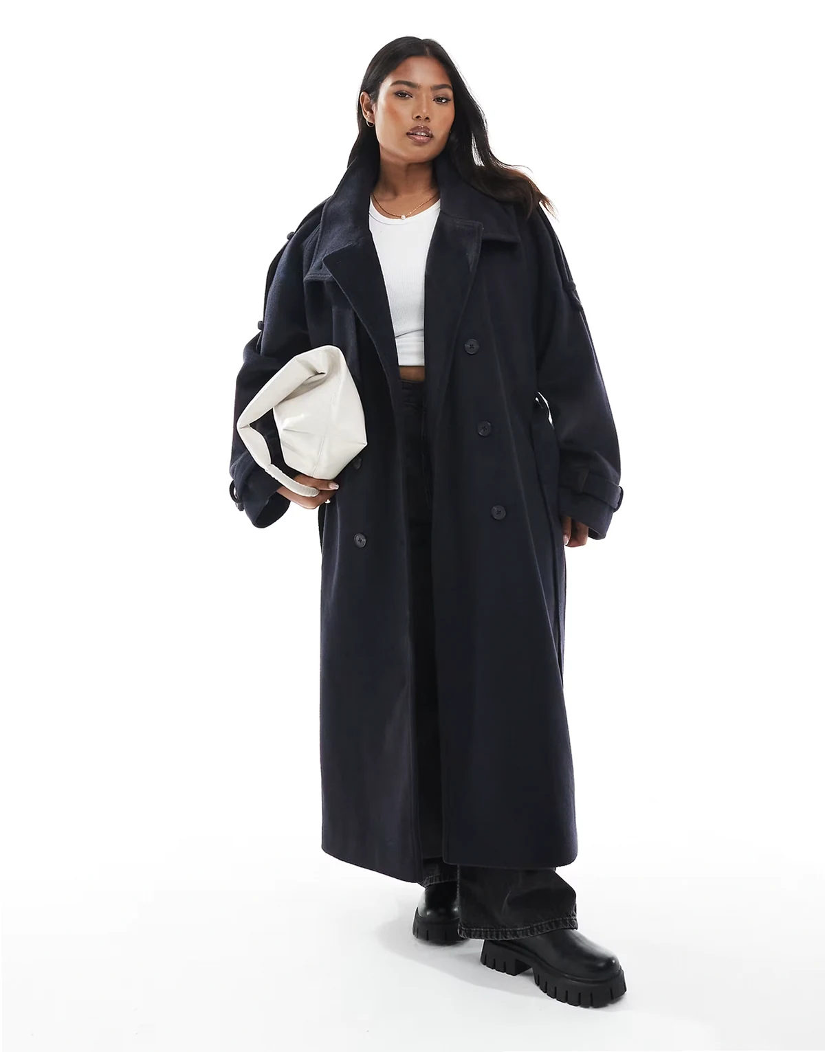ASOS DESIGN Curve – Granatowy szczotkowany prochowiec o wydłużonym fasonie z wysokim kołnierzem