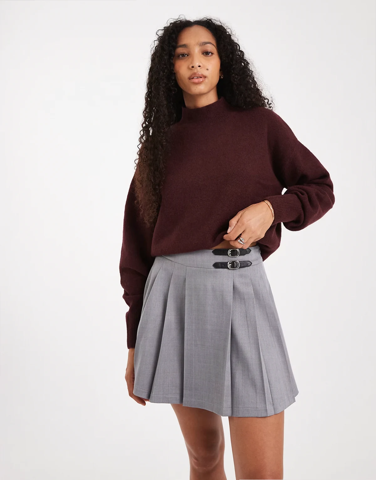 pleated kilt mini skirt with buckle detailing in gray