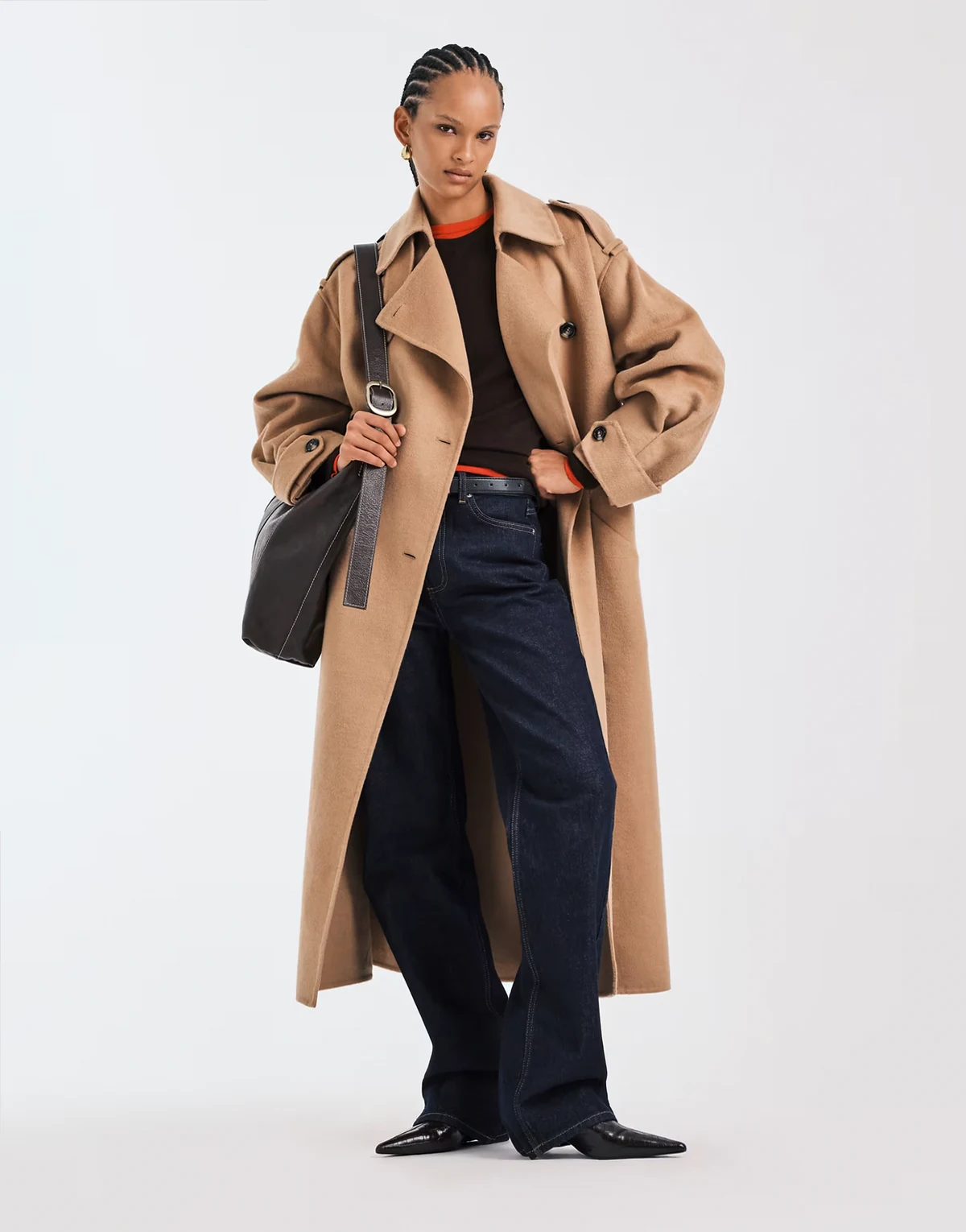 – Hochwertiger Maxi-Trenchcoat aus Wollmix in Braun