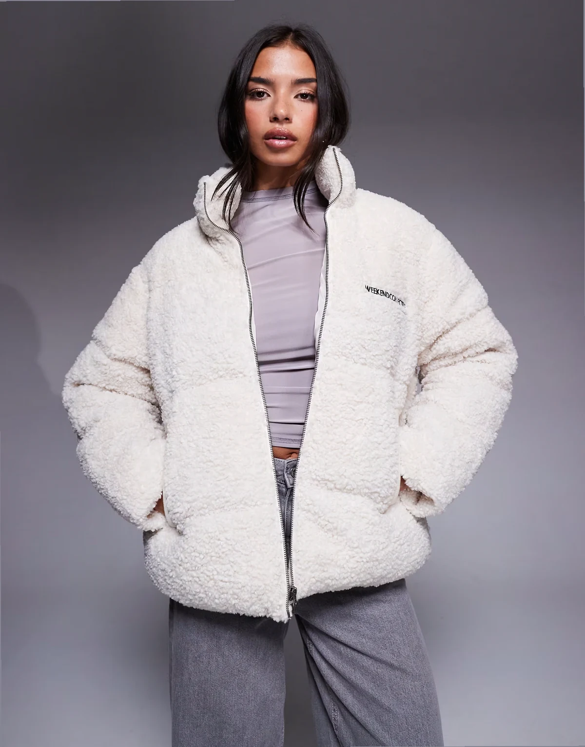 Weekend Collective padded teddy coat in cream