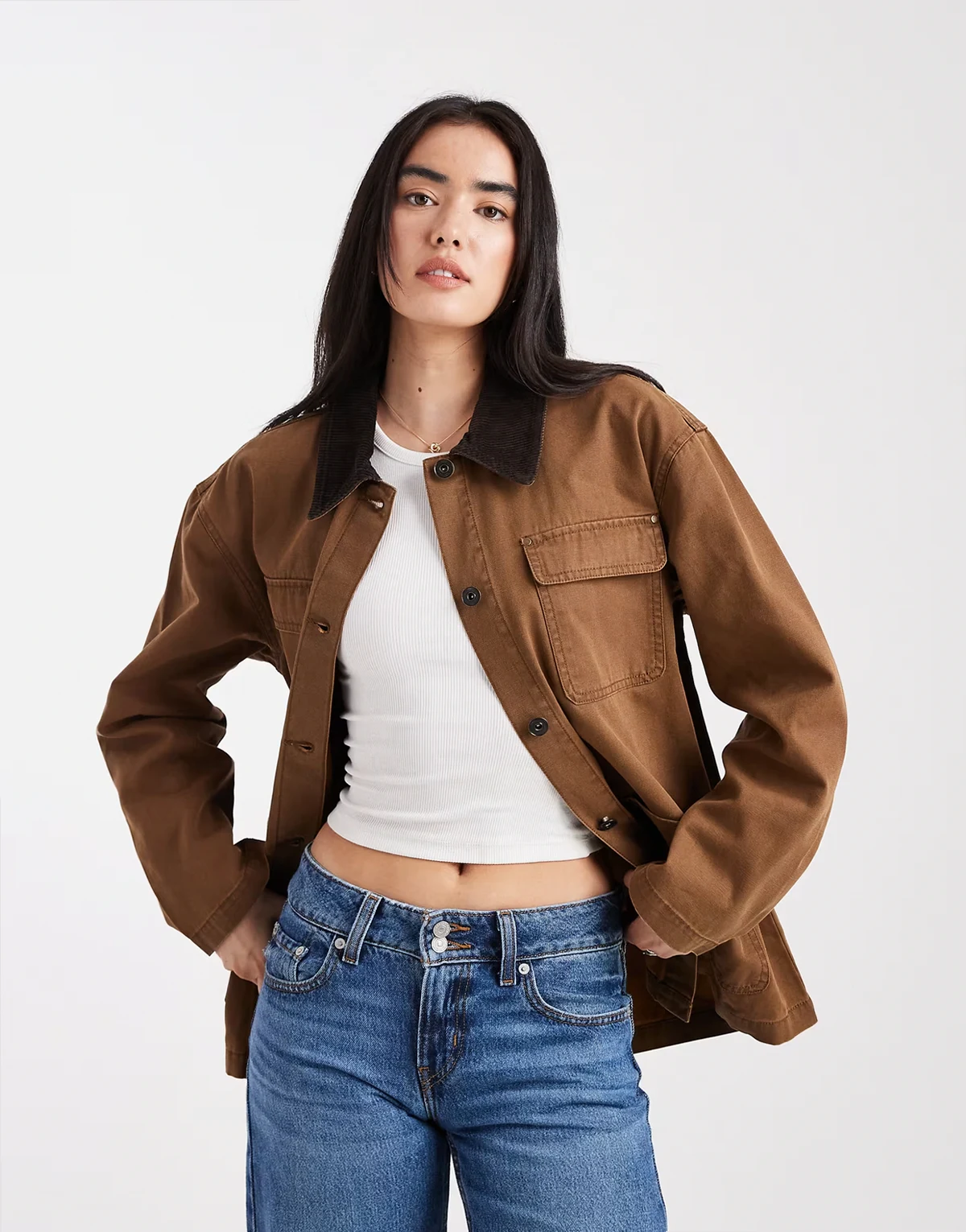 – Lange Barn-Jacke in Braun mit Cordkragen