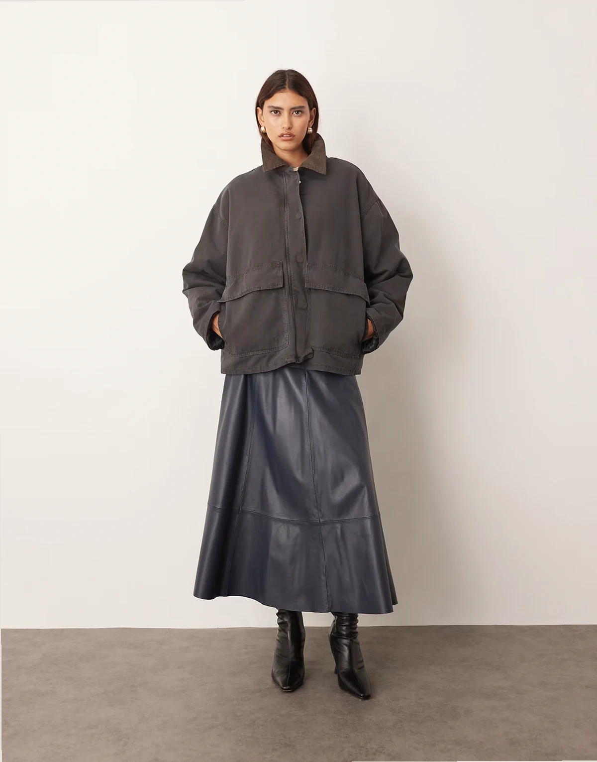 oversized canvas barn jacket with corduroy collar detail in gray