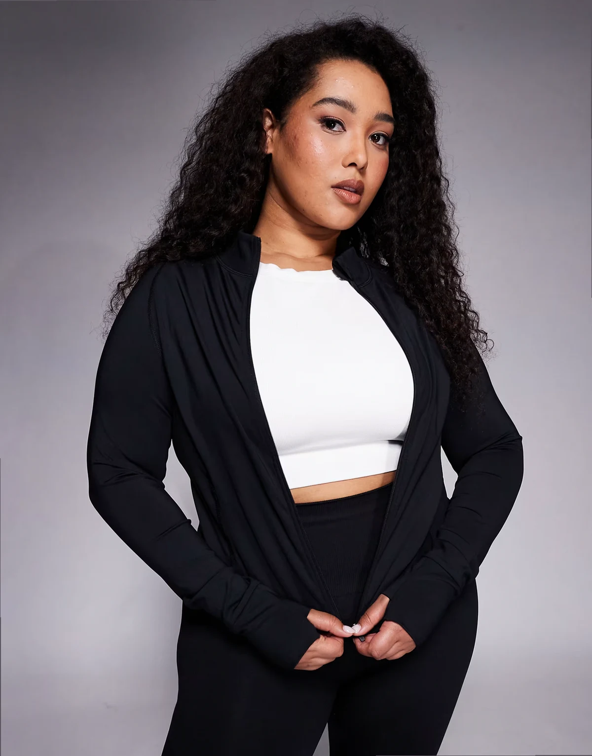 Curve Icon sculpting zip up long sleeve jacket in black