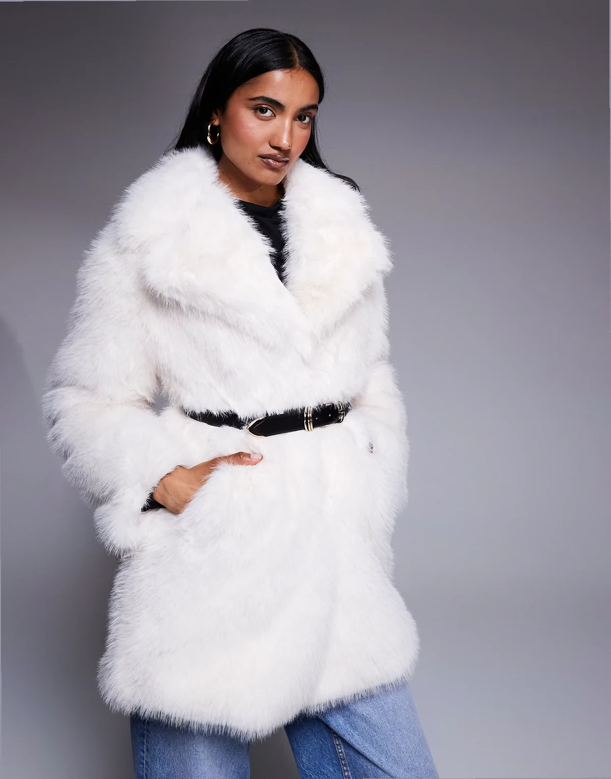belted mid length faux fur coat in cream