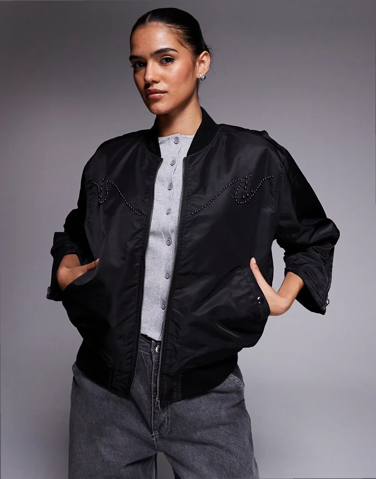 sunset bomber jacket in black with studding and 3/4 length sleeves