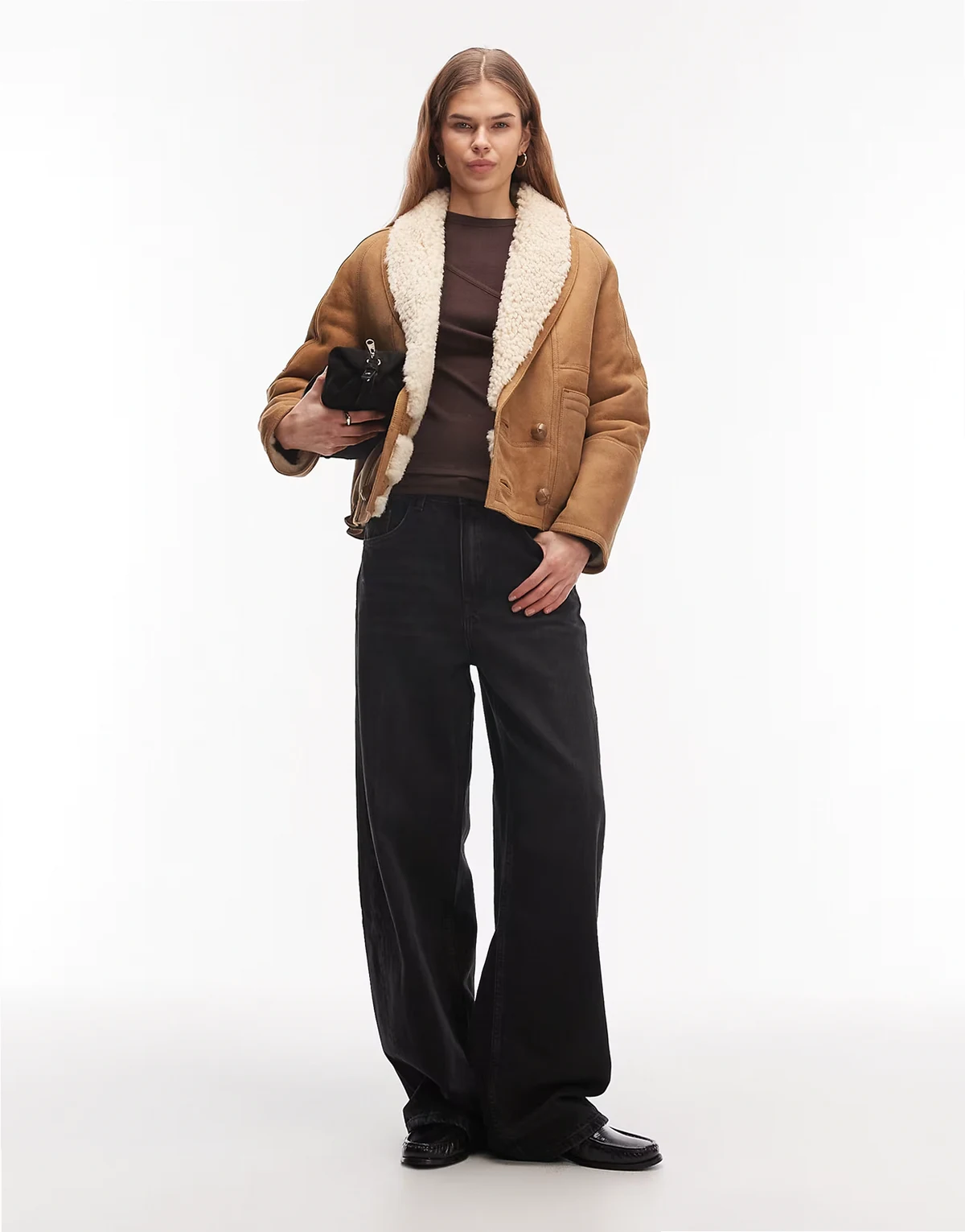 Charlton suede shearling coat in tan