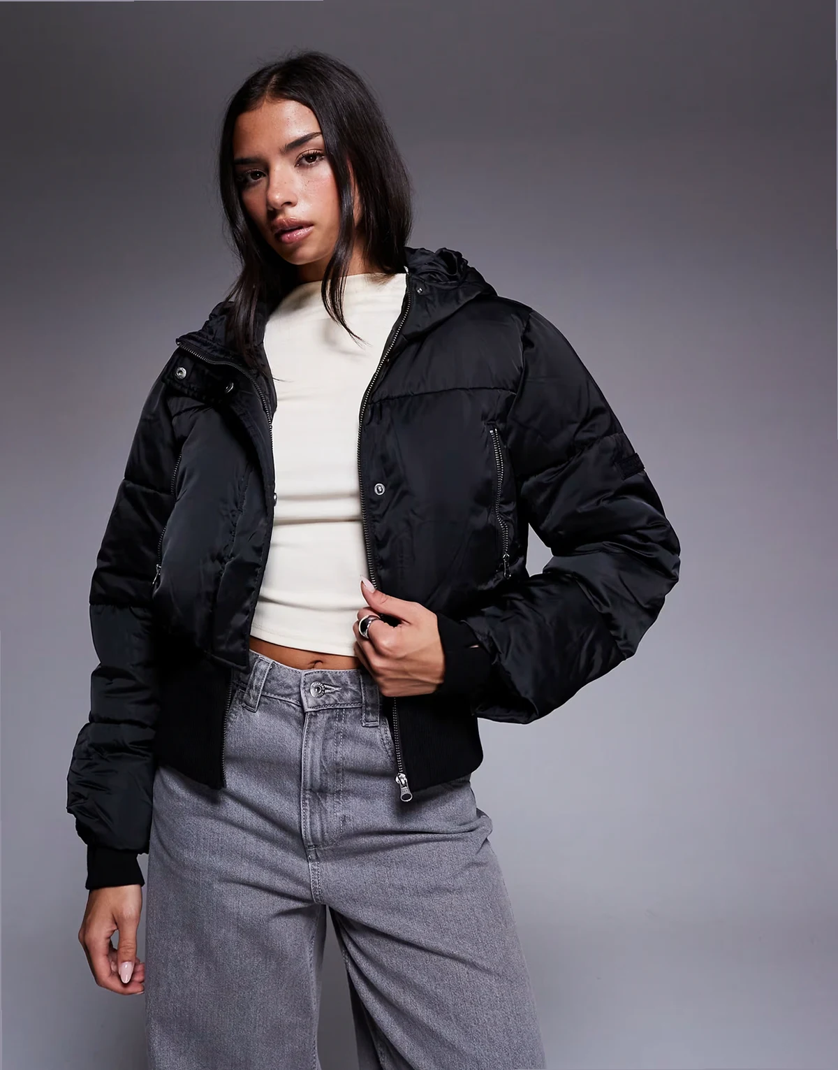 Weekend Collective cropped padded coat with ribbed corseted waist detailing in black