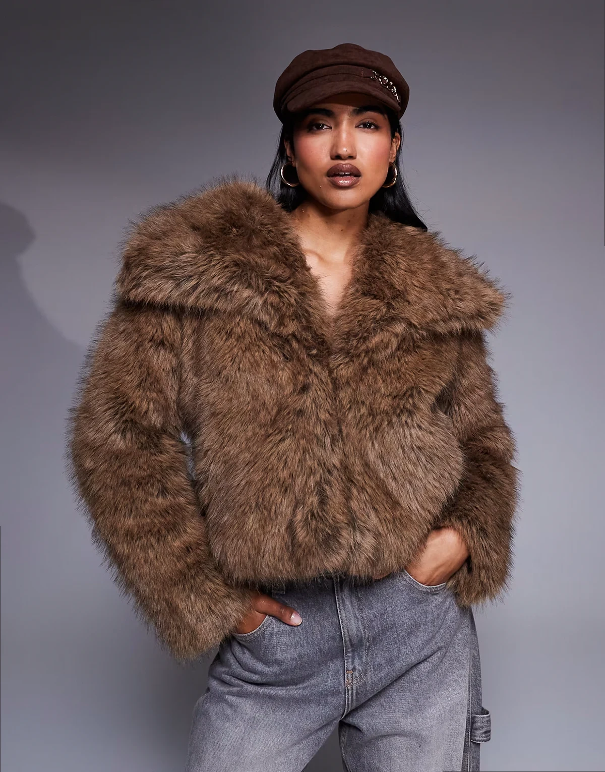 cropped faux fur jacket in brown