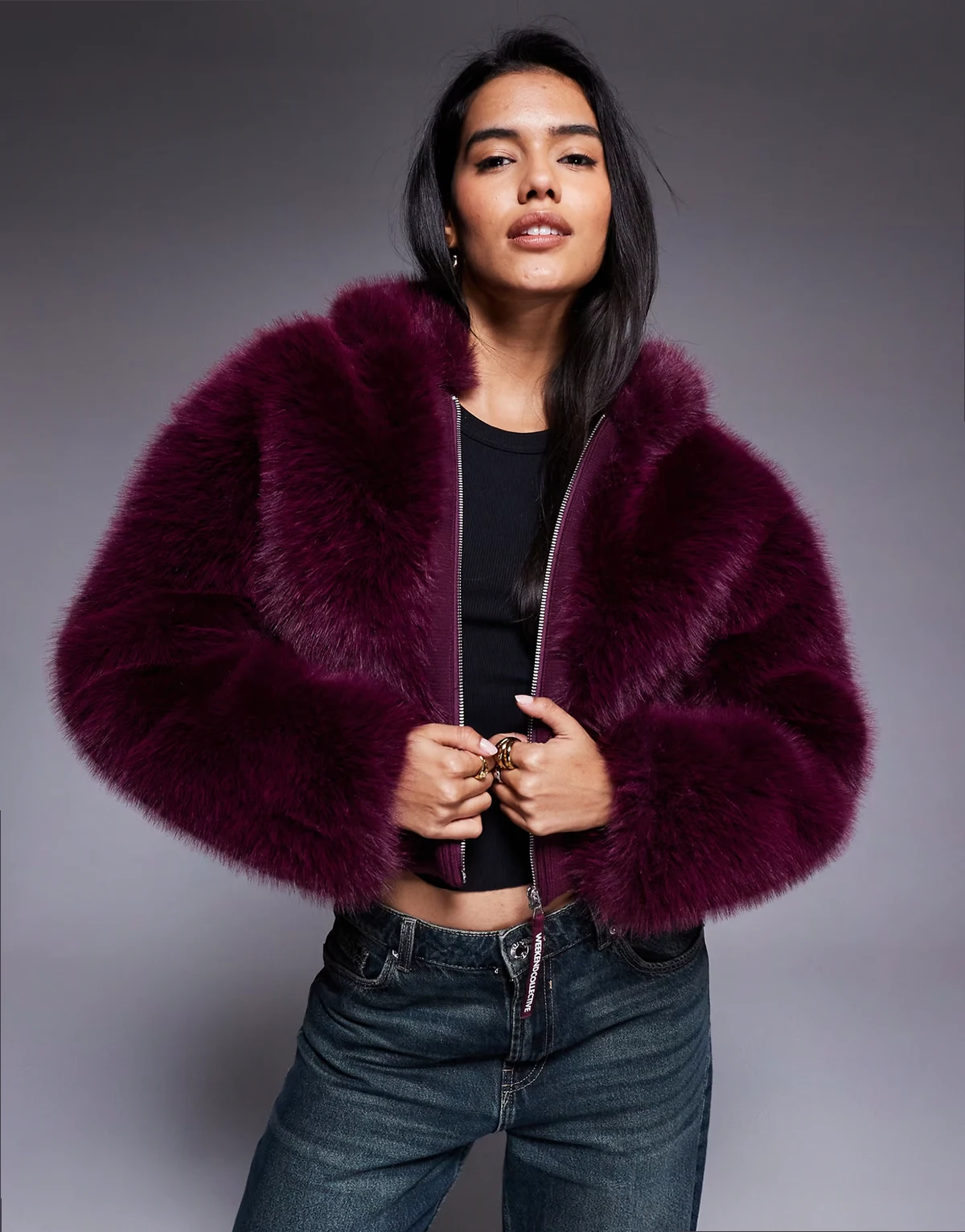 Weekend Collective faux fur cropped coat in plum