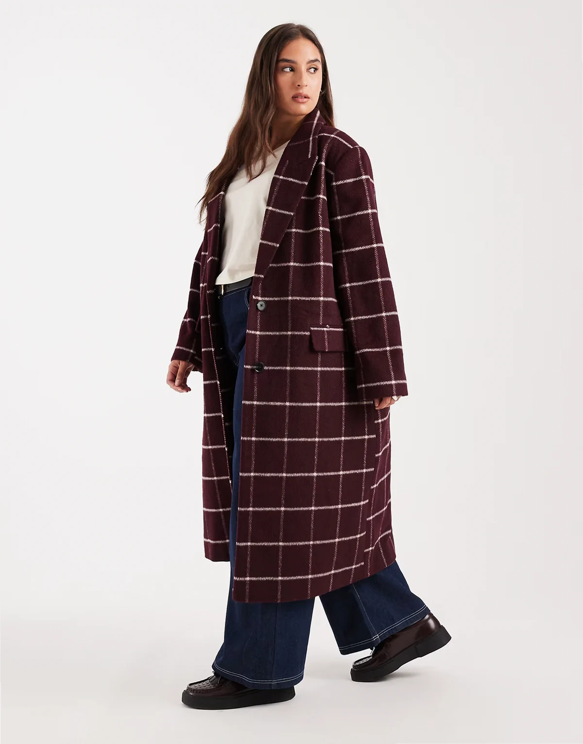 ASOS DESIGN Curve – Elegancki bordowy płaszcz w kratkę o wydłużonym fasonie