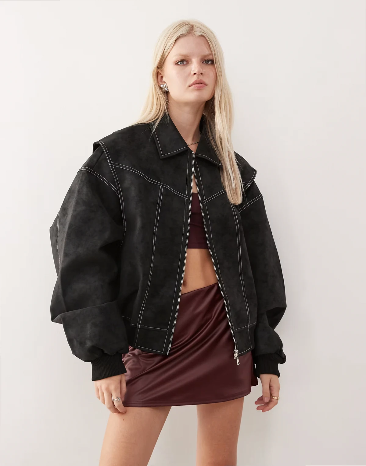 Vista leather look contrast stitch bomber jacket in black