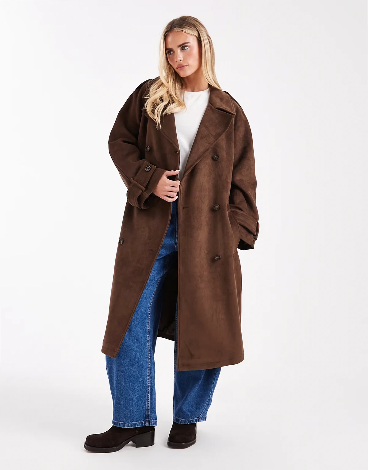 suedette trench coat in chocolate
