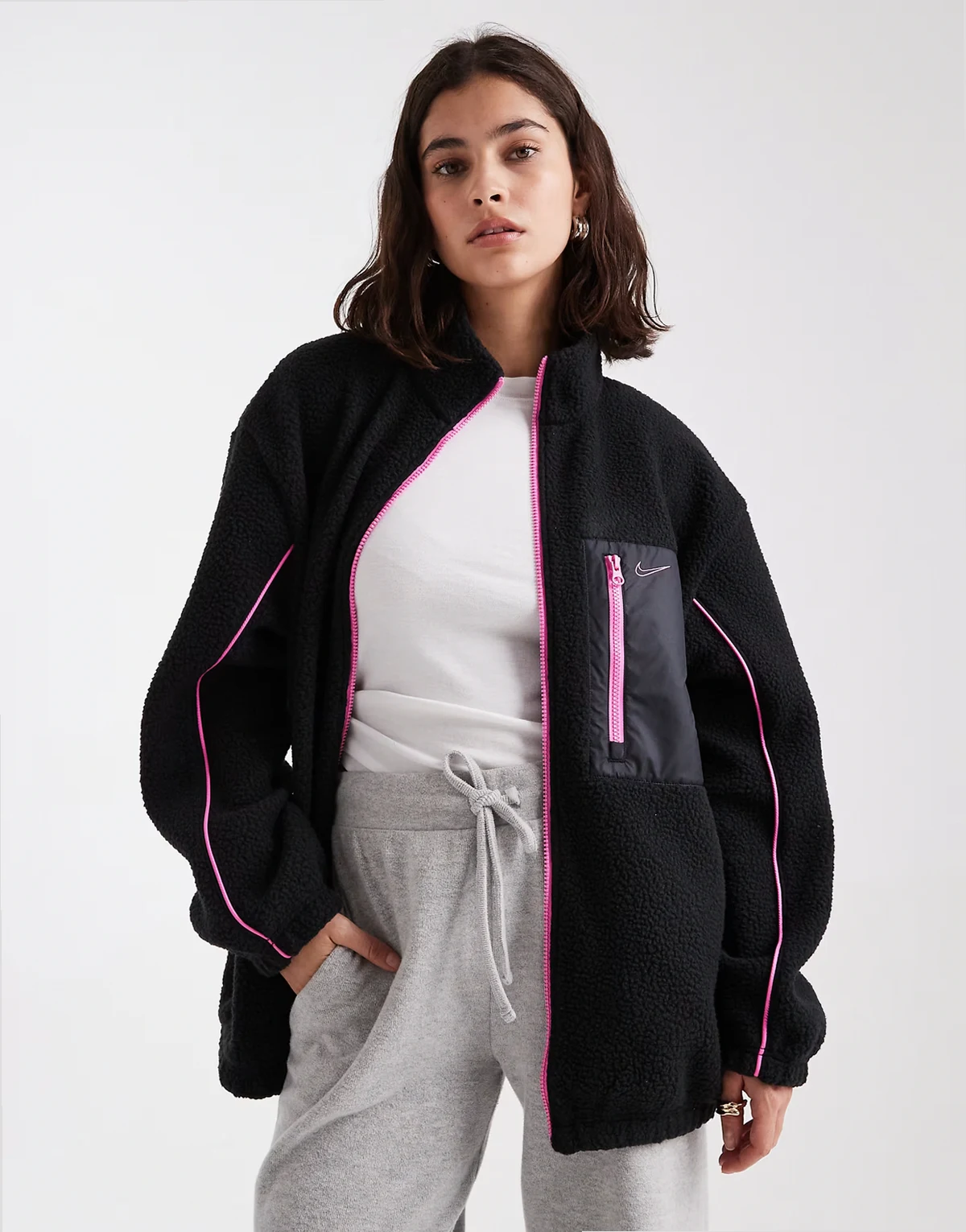 teddy fleece jacket in black and pink