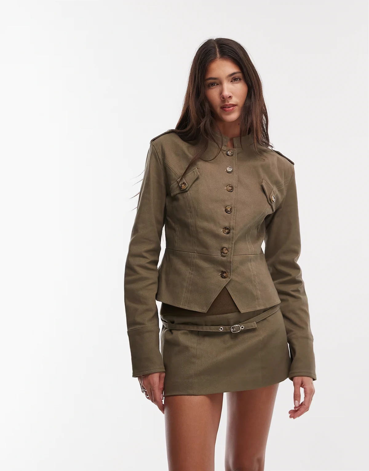 Diranda utility twill button up jacket in khaki green