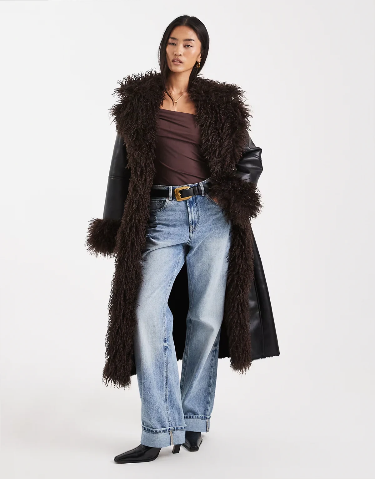 faux fur longline afghan coat in black