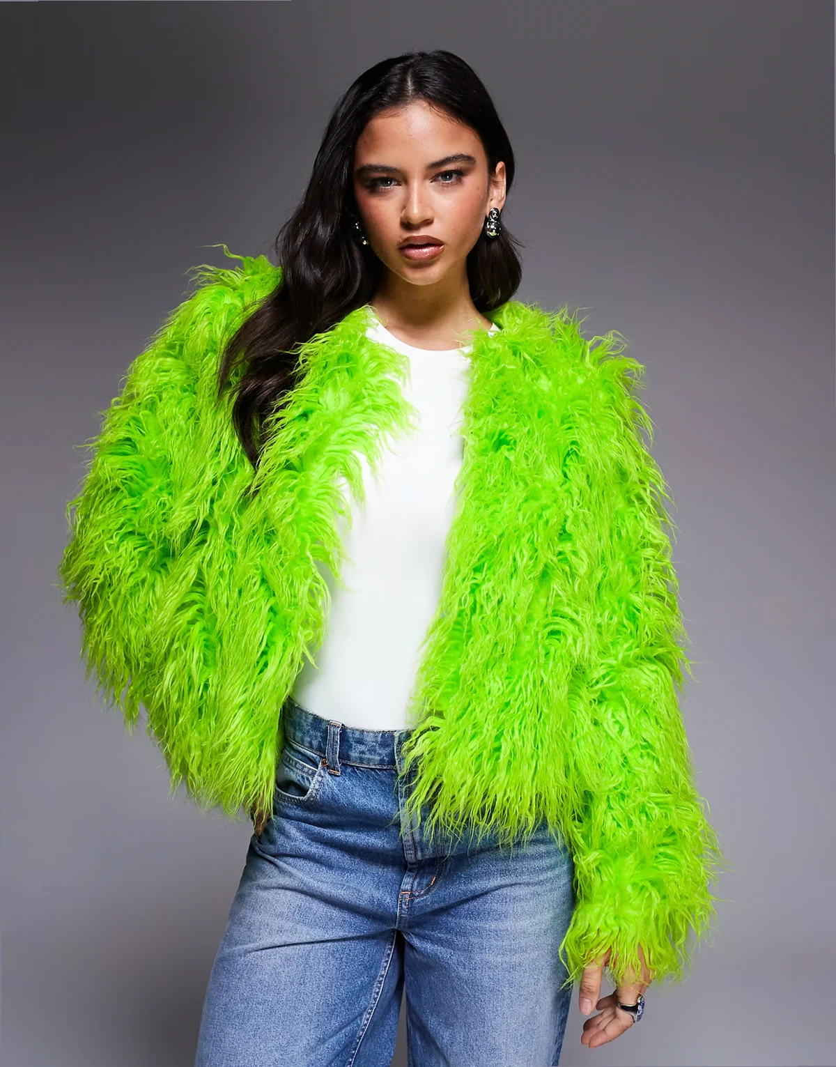 Esme mongolian faux fur jacket in lime green