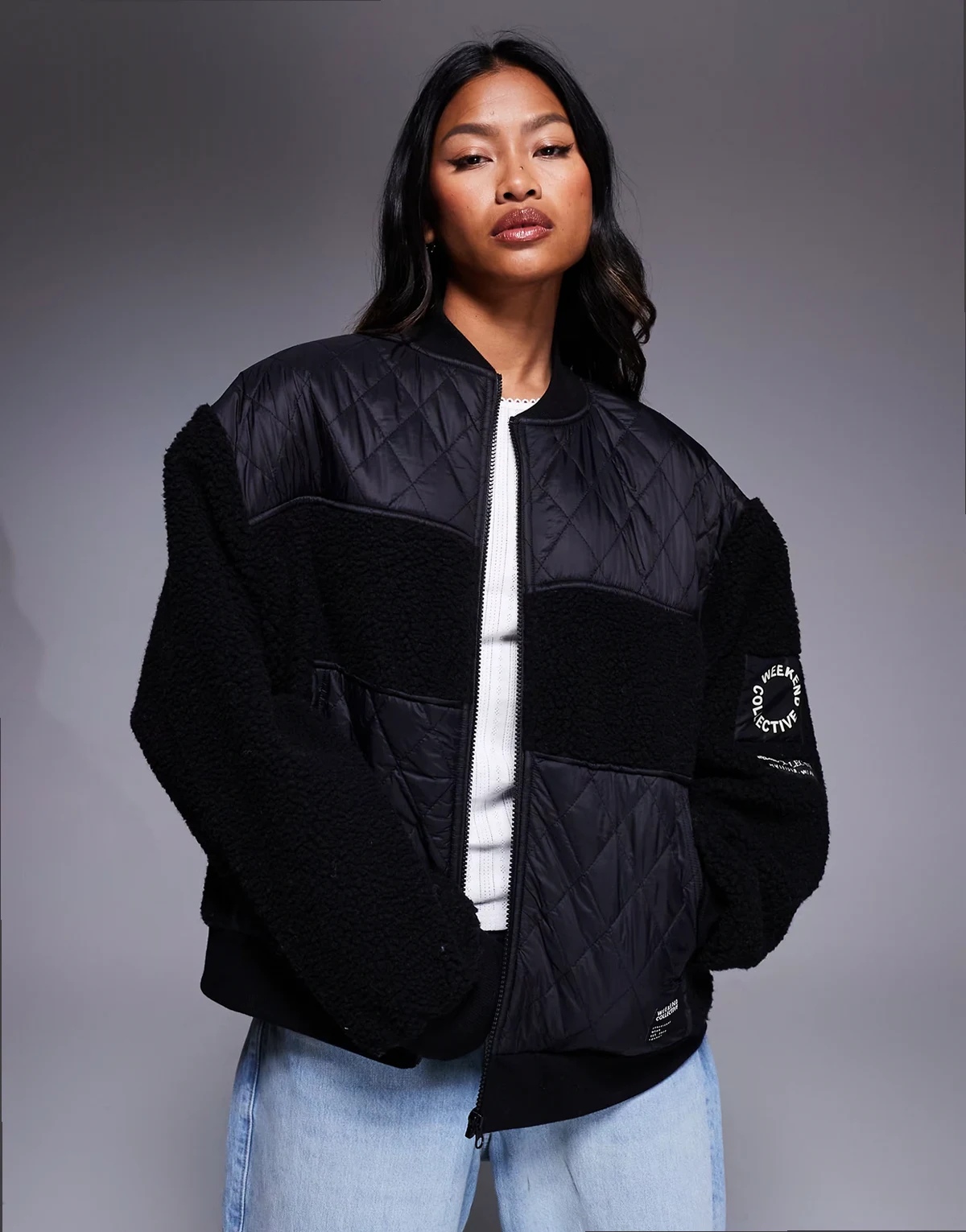 Weekend Collective borg zip through bomber jacket with nylon detail in black