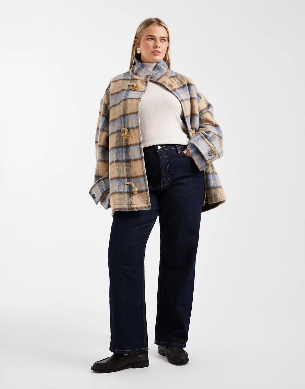 ASOS DESIGN – Płaszcz samochodowy z mieszanki wełny w kratę z wysokim kołnierzem i zapięciem na pętelki
