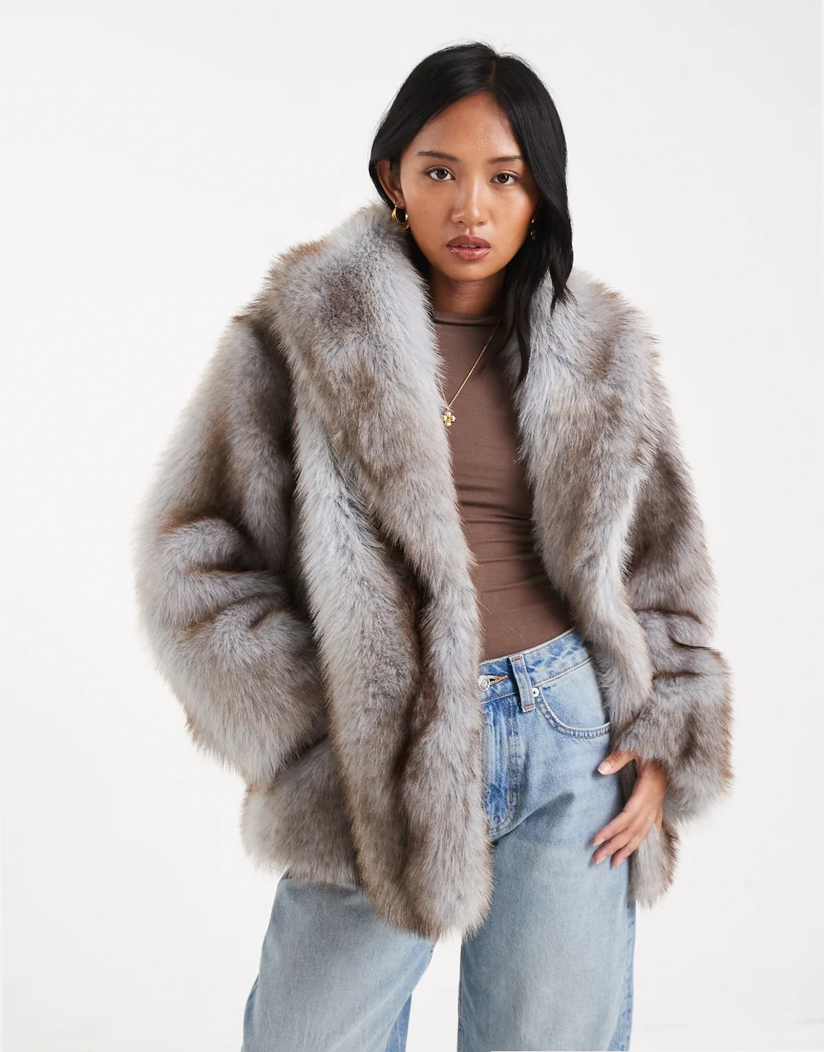 ASOS DESIGN Petite – Niebiesko-brązowy płaszcz ze sztucznego futra