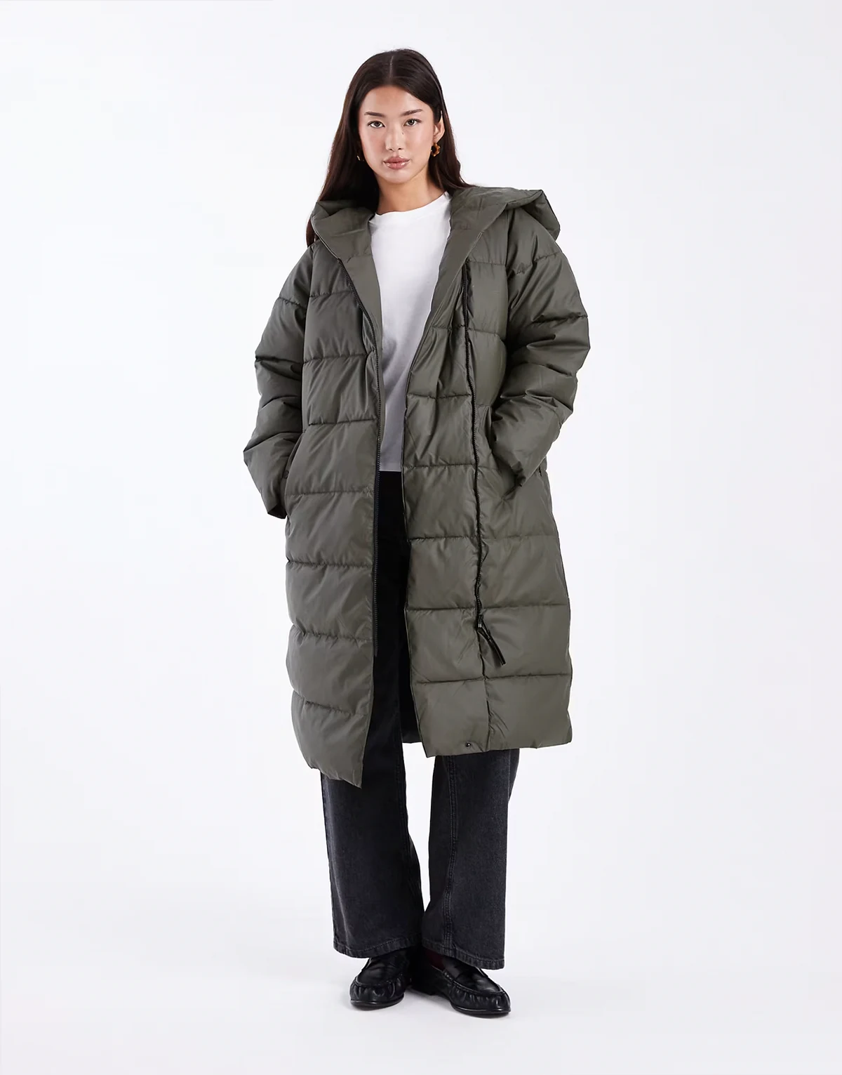 – Longline-Puffermantel in kräftigem Khaki mit Kapuze