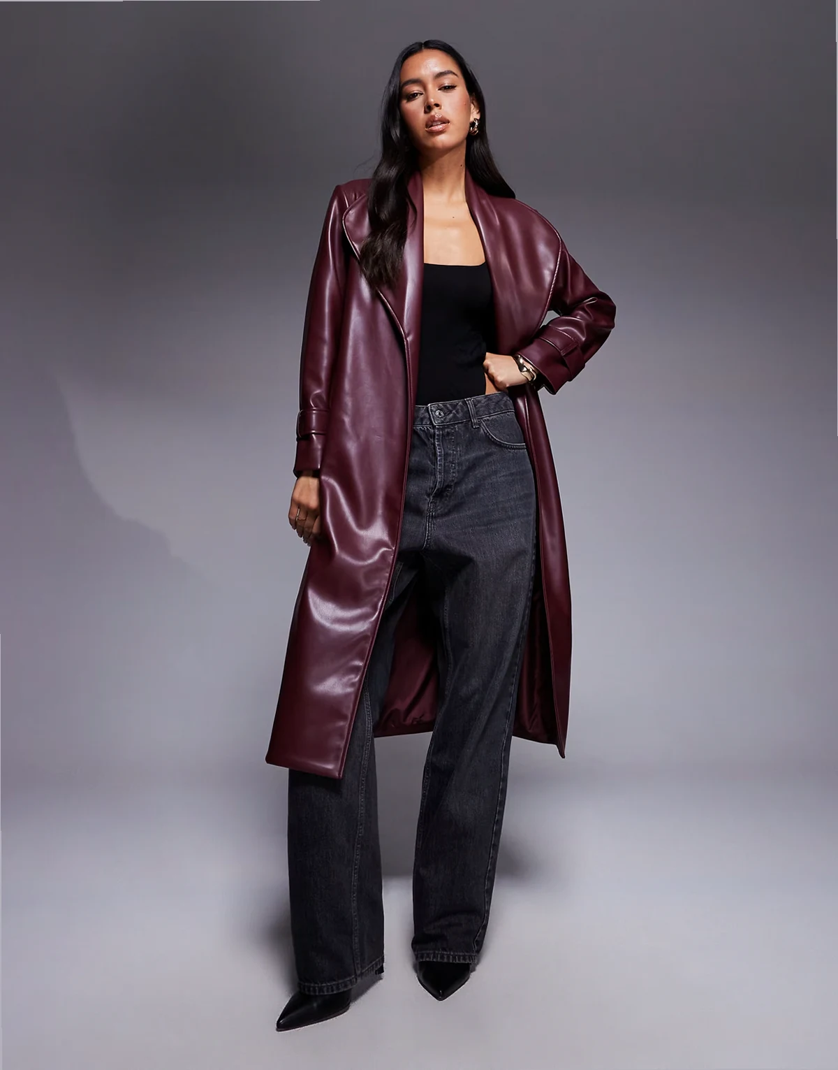 faux leather longline wrap coat in dark red