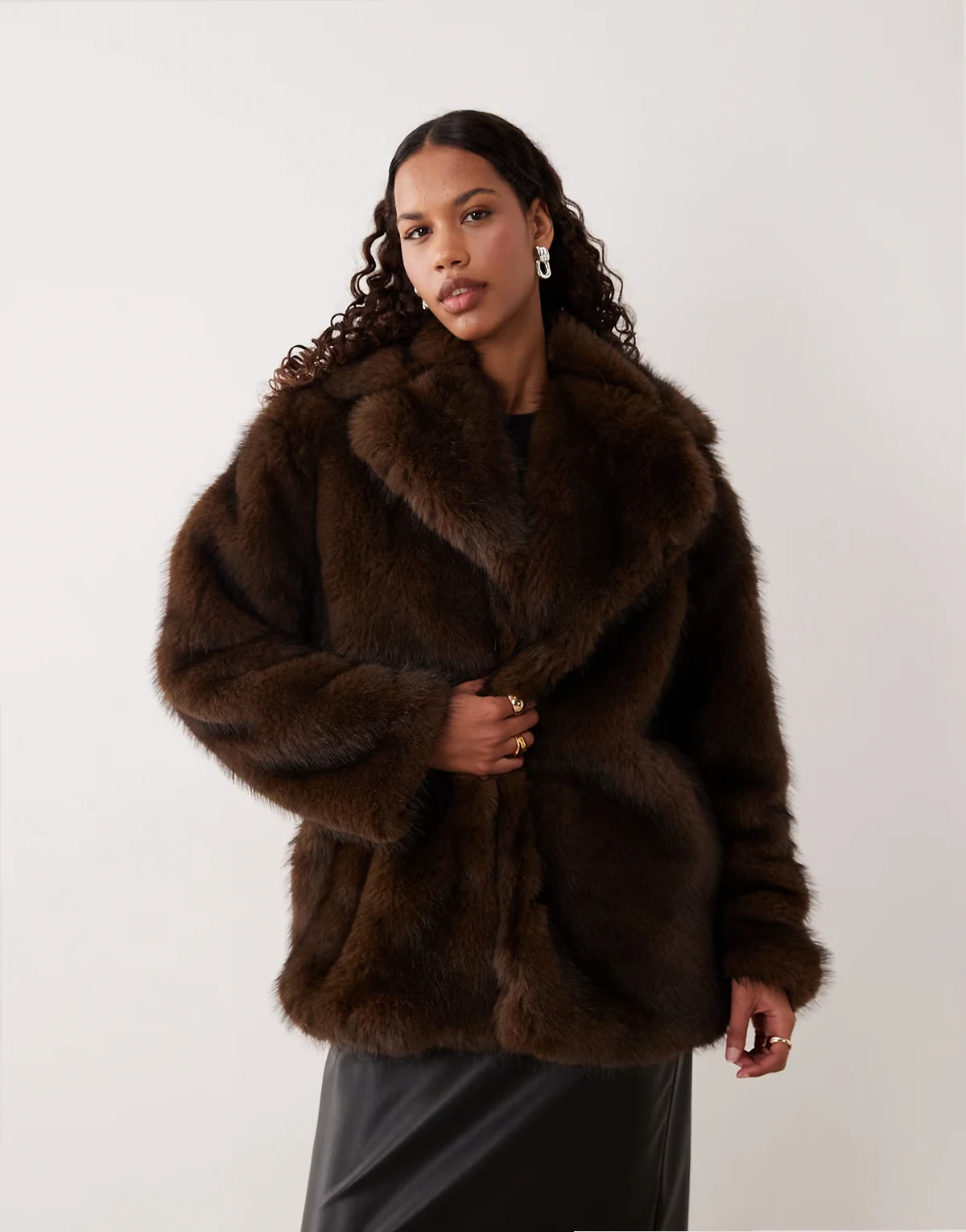 pepita faux fur coat in dark brown