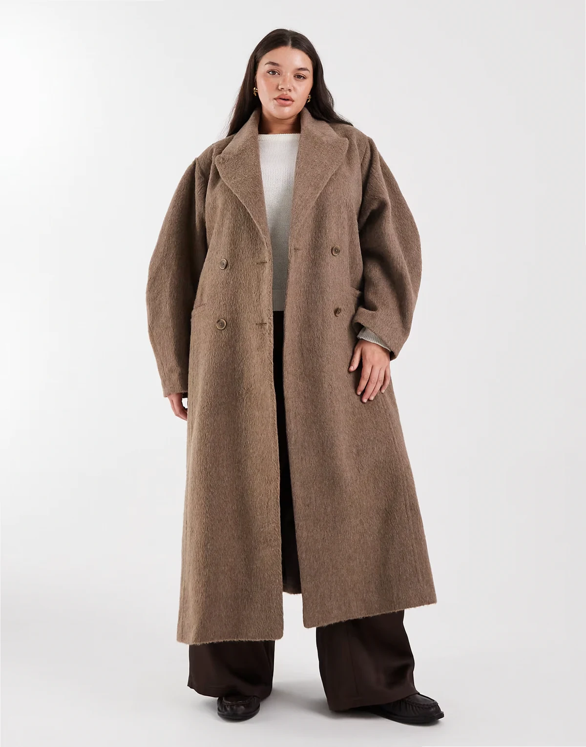 ASOS DESIGN Curve – Szczotkowany brązowoszary płaszcz z bufiastymi rękawami i wąskim paskiem