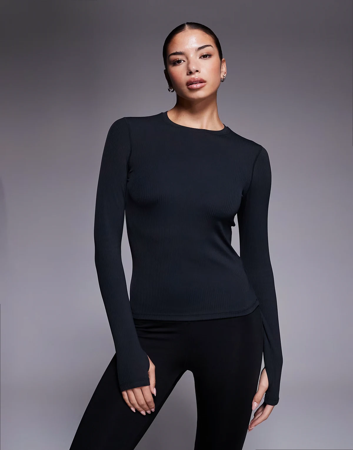 plush handle ribbed long sleeve warm-up top in black