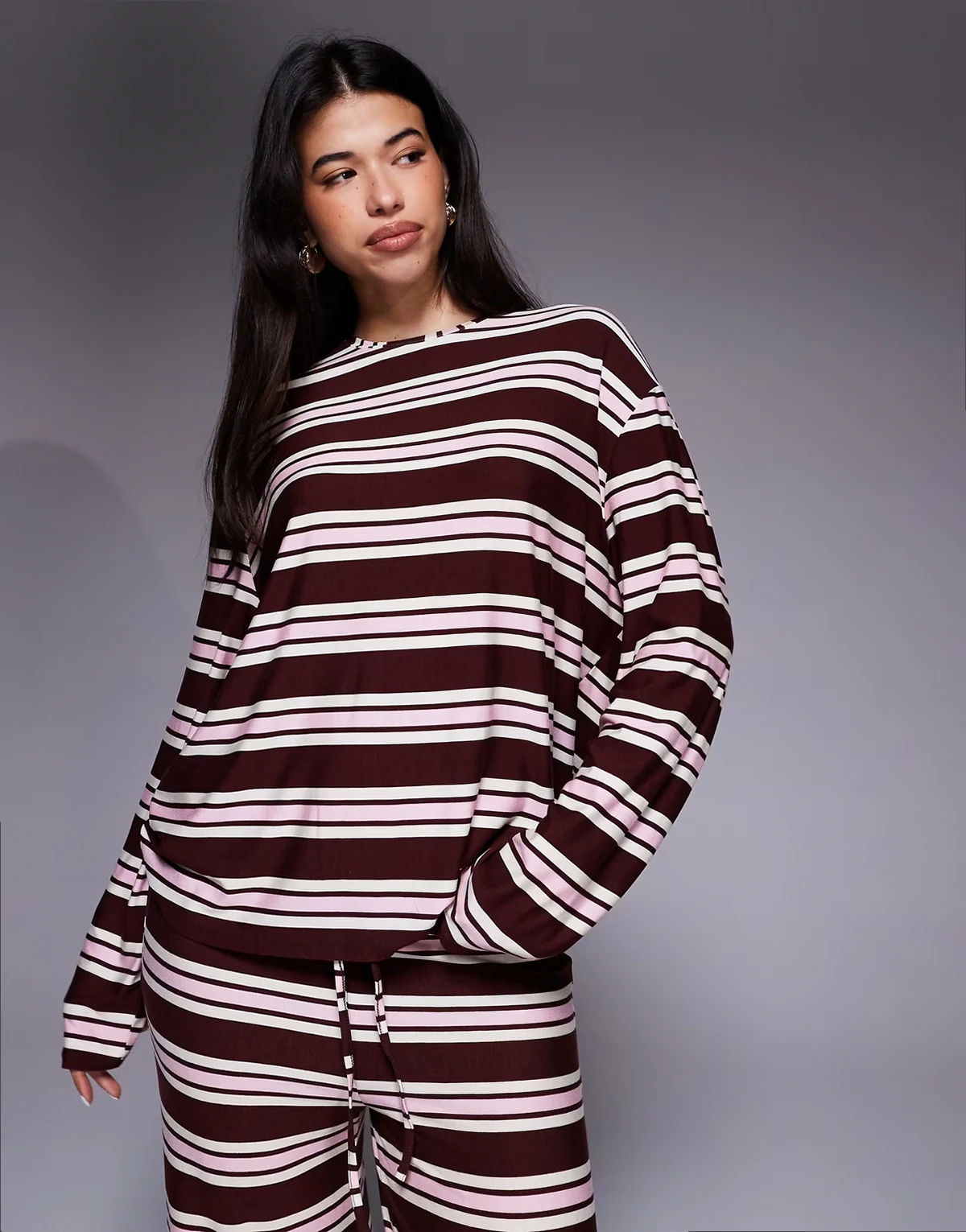 exclusive super soft jersey crew neck oversized long sleeve top in burgundy and pink stripe - part of a set