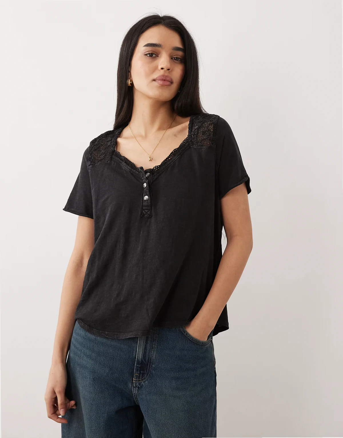 heirloom henley neck button up tee in black
