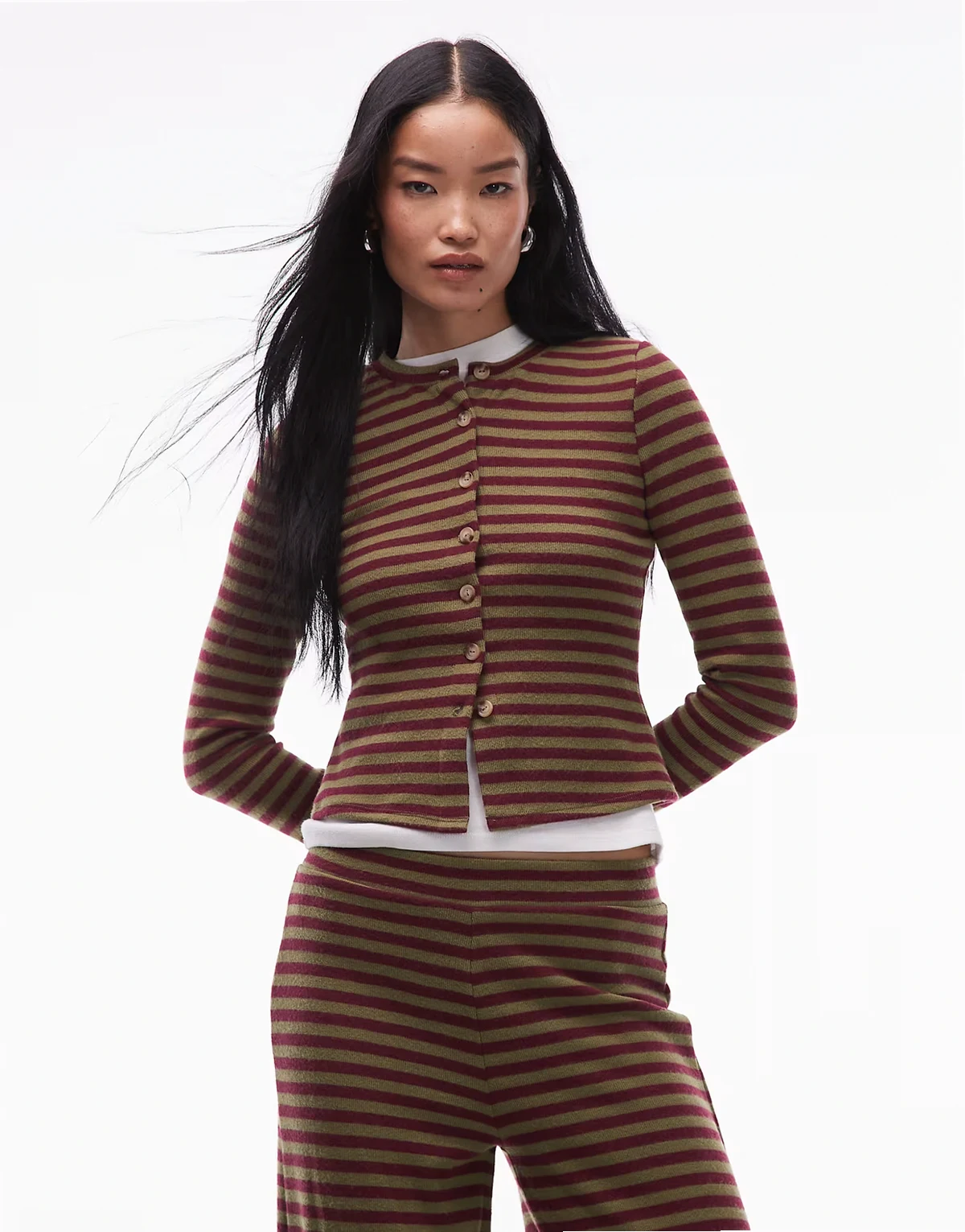 supersoft button up long sleeve top in burgundy stripes - part of a set