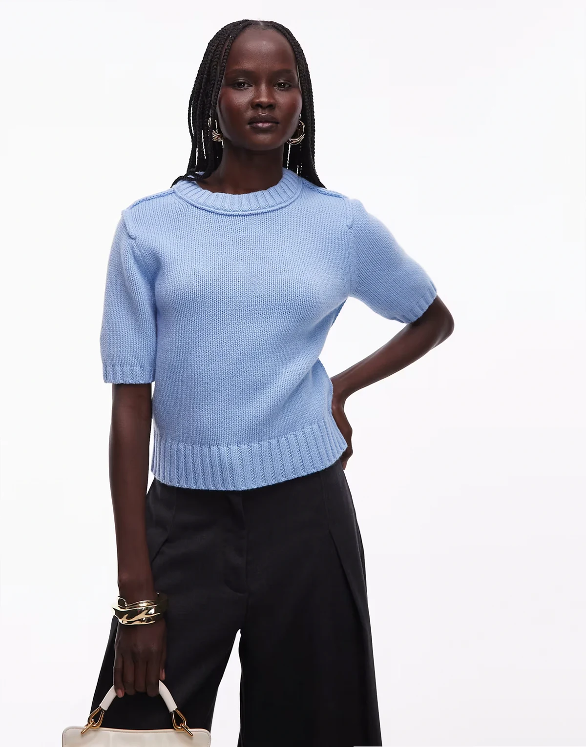 – Kurzärmliger Strickpullover aus Baumwoll-Wollmix in Hellblau