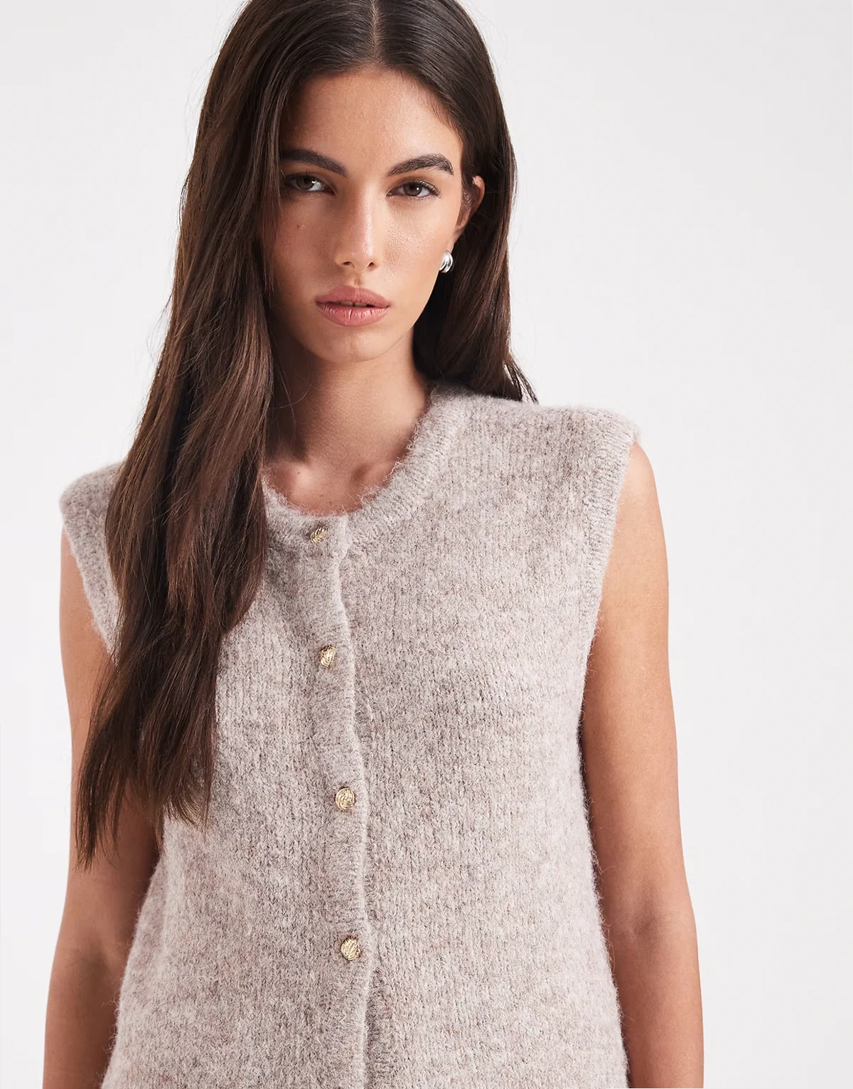 gold button front detail knitted vest in hummus melange - part of a set
