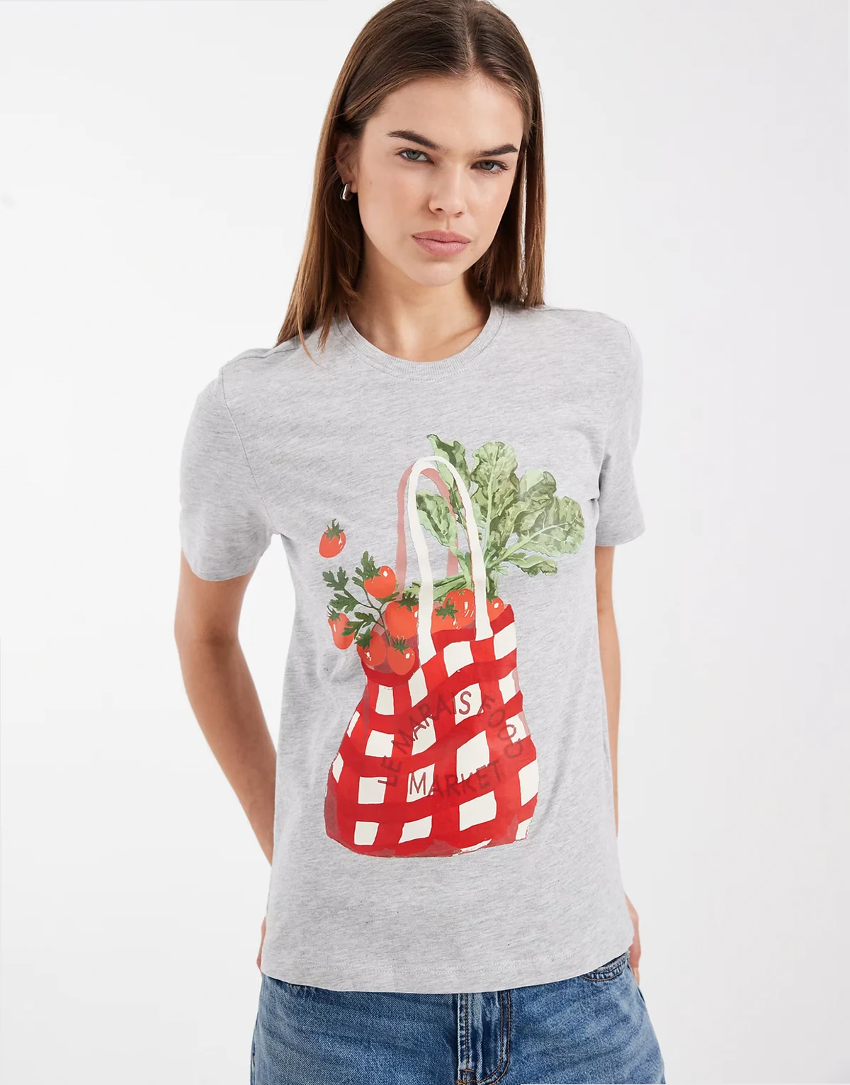 – Regular-Fit-T-Shirt in Hellgrau mit Tomaten-Print