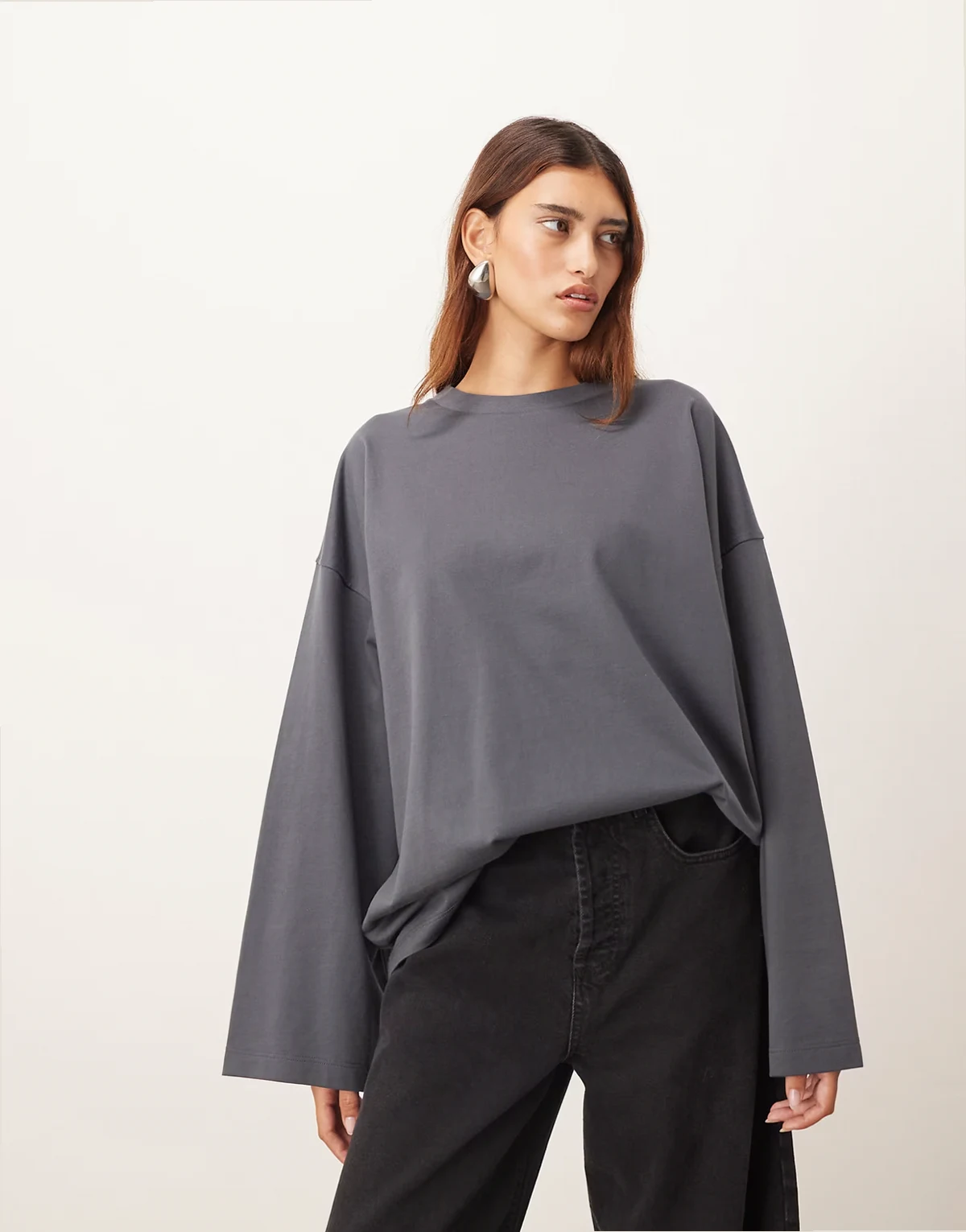 cotton oversized long sleeve t-shirt in charcoal