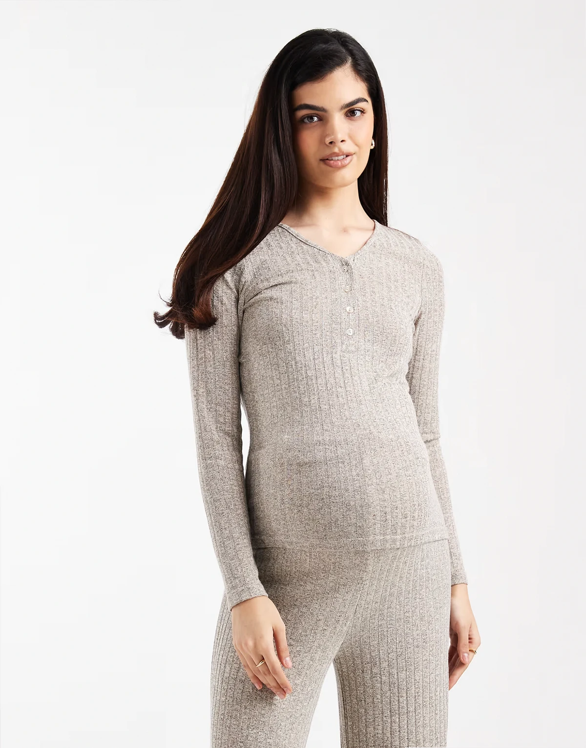 Mamalicious Maternity long sleeve 2-function nursing button front top in khaki melange - part of a set
