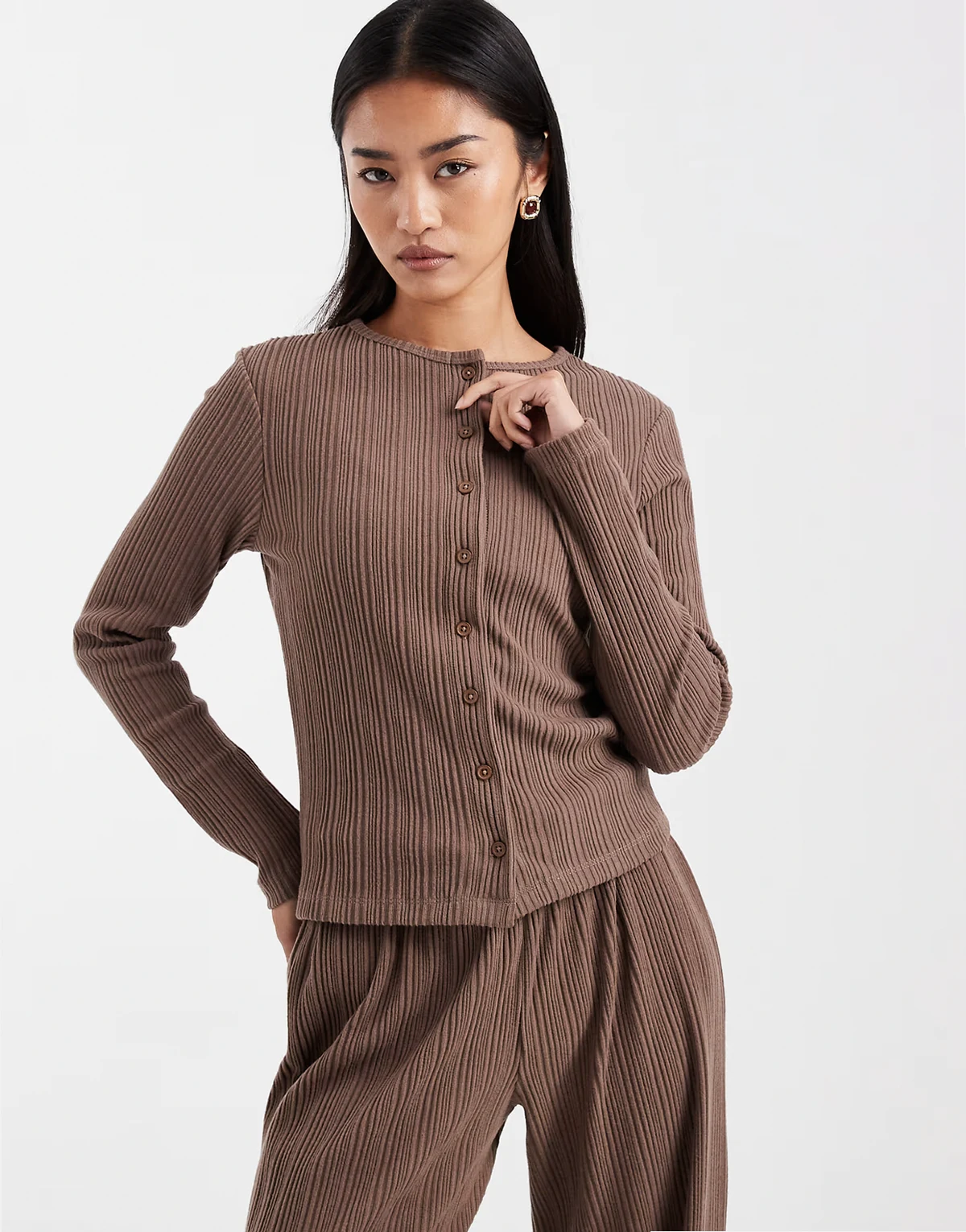 long sleeve button through brushed rib top in chocolate - part of a set