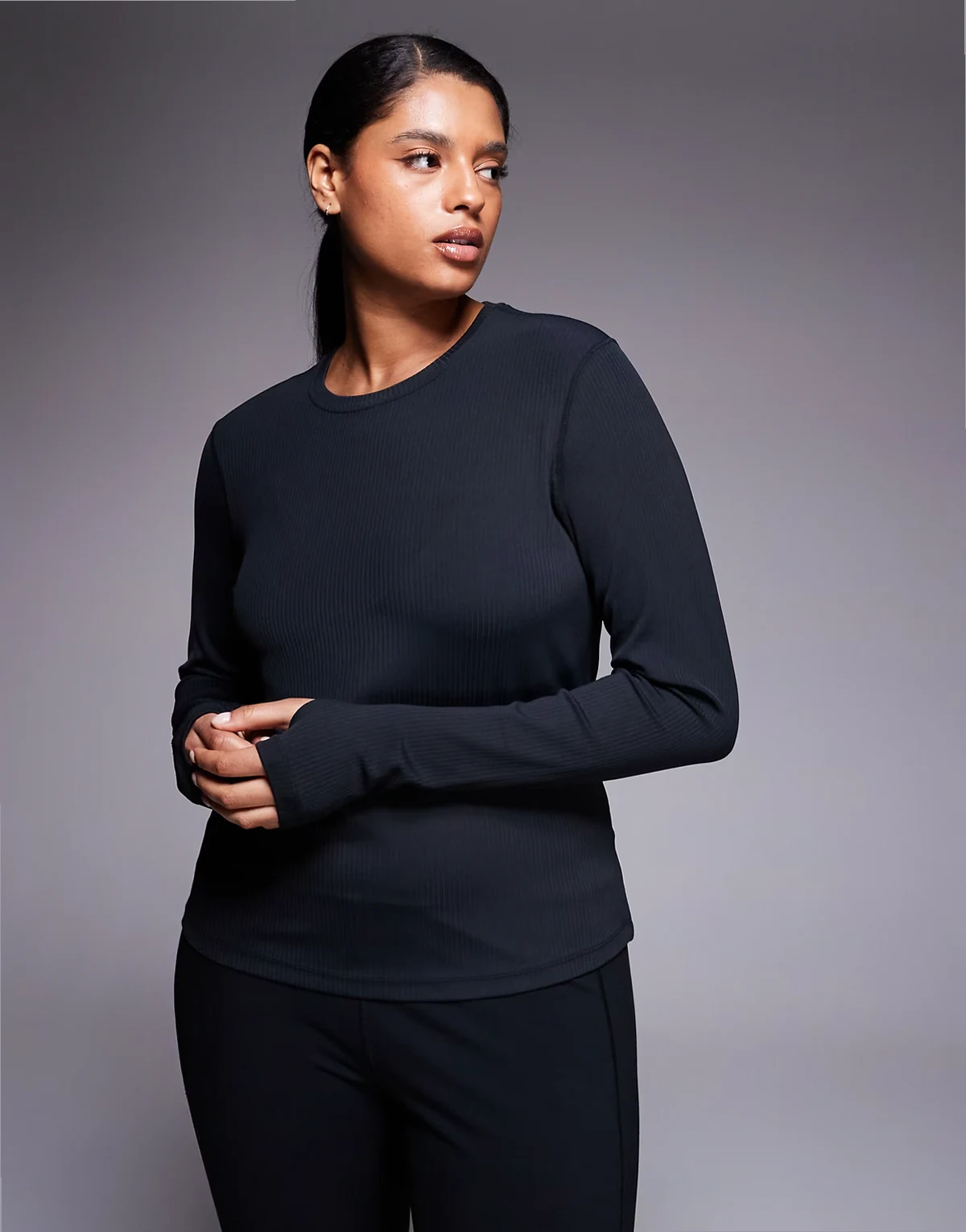 Curve plush handle rib long sleeve warmup top in black