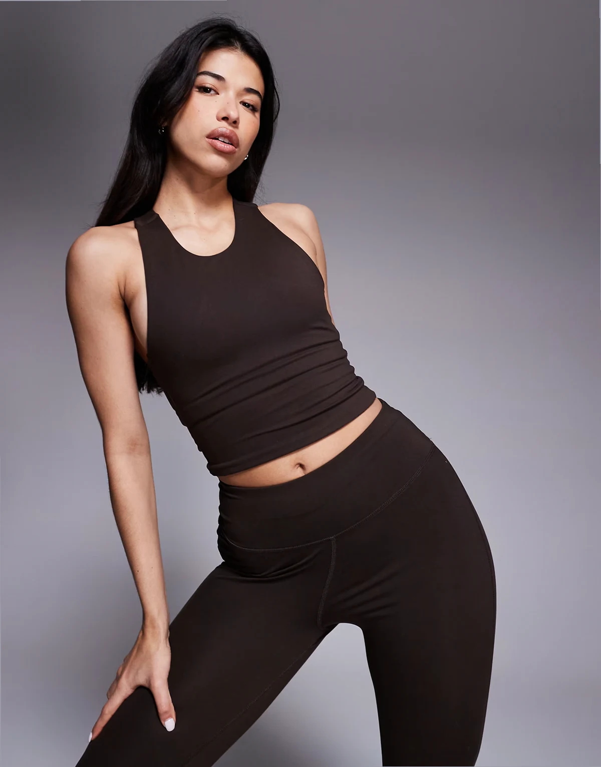 Icon soft touch racer back tank top with inner bra and removable padding in chocolate