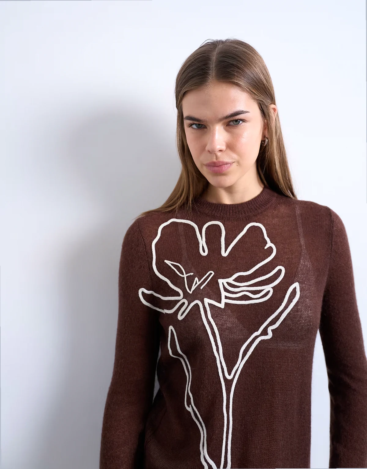 knit sheer embroidered floral top in chocolate