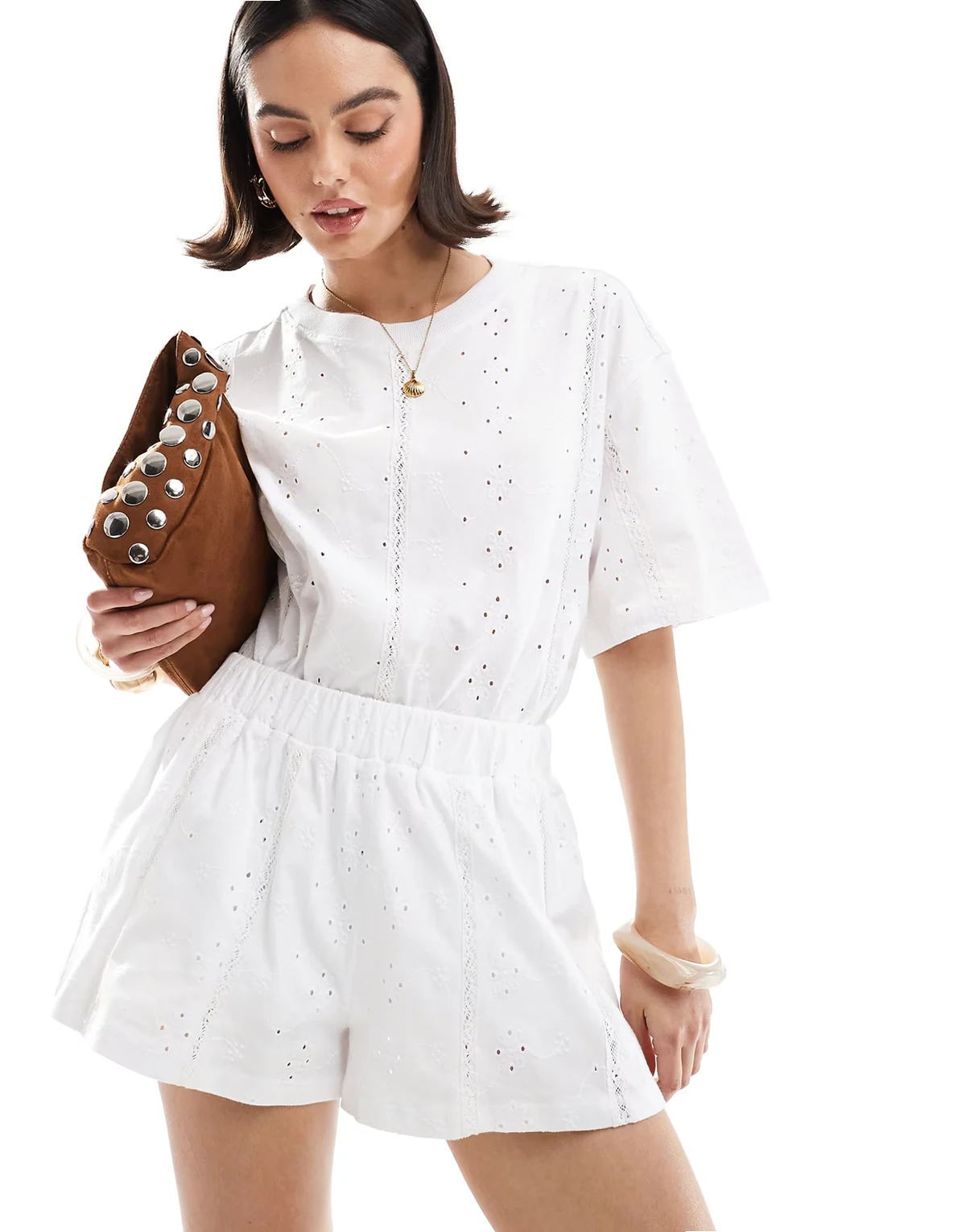 broderie tie waist shorts with lace trim inserts in white