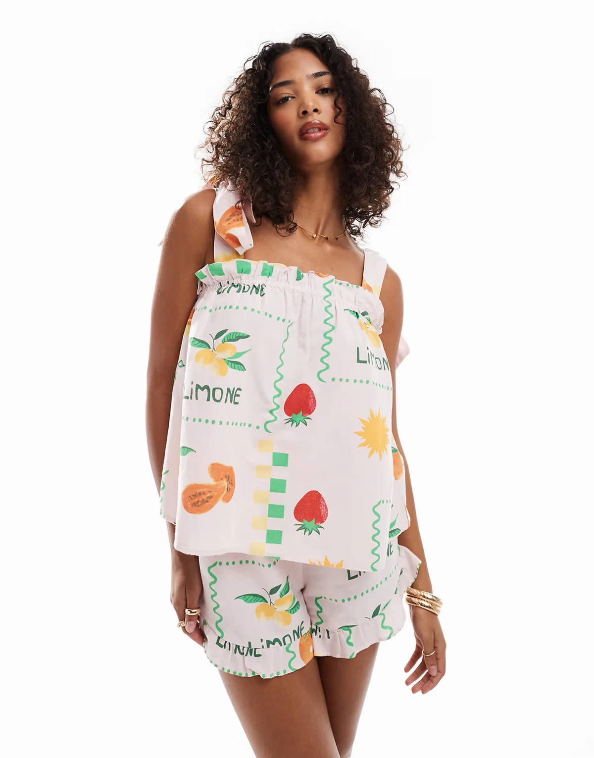 high waist shorts in pale pink based fruit print - part of a set